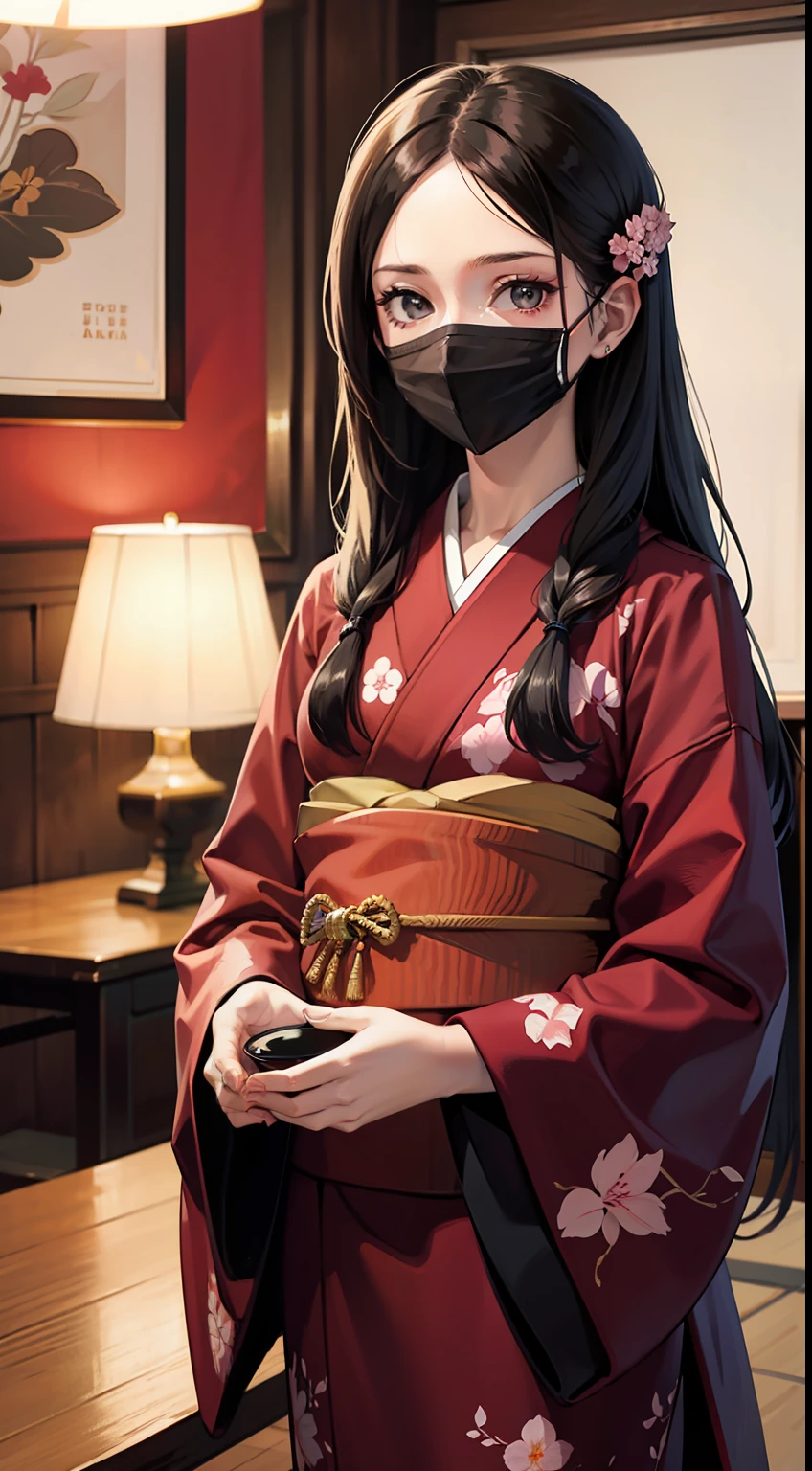 1girl, Kimono, Long hair, indoors, Cherry blossom, Table, Tea set, Bamboo basket, Decorative painting, Mask in hand, Gothic art, cinematic lighting, depth of field, motion blur, Fujicolor, wide shot, UHD, ccurate, super detail, award winning, high quality, best quality, textured skin, anatomically correct, HD, retina, 8k, 4K