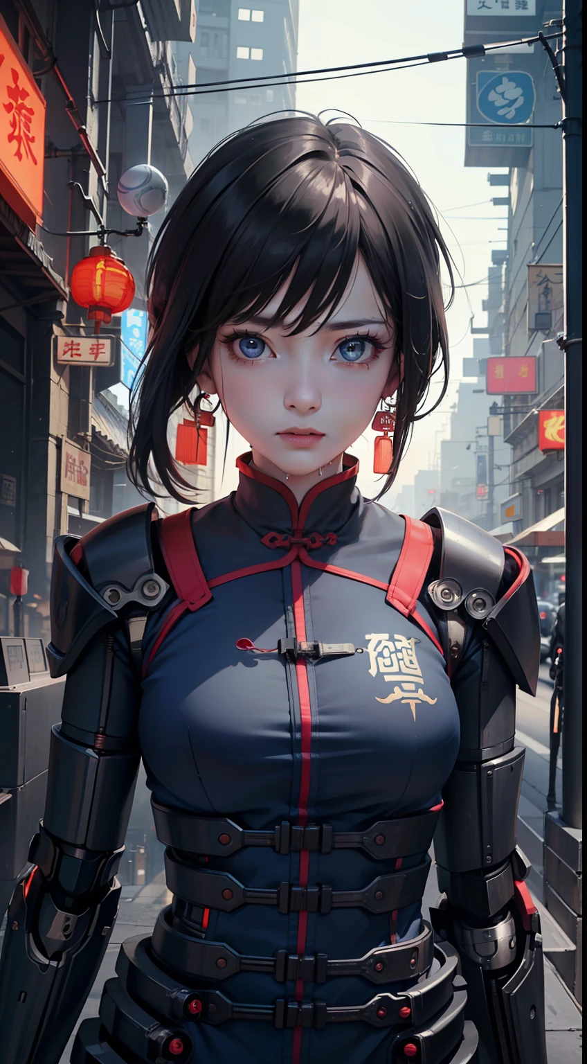 (Masterpiece),(best quality),((masterpiece)),(highres), original, (extremely detailed 8K wallpaper),Depth of field, absurdres,ooking at viewer,(chinese style architecture),((cyberpunk city)), (light pollution), rainy night, (wet), (cyberpunk), science fiction, workshop,Chinese Red mecha,naughty face
1girl, (Beautiful and detailed facial depiction), Gloom, Sad, ((shiny skin)), {Extremely Delicate Beautiful},(Beautiful and detailed eye description), Delicate Faces, (Upper body), Chinese style clothes,Chinese Han clothing,White and blue Taoist robe, (colored china dress), (hybrid),(colored tips), shiny hair,
((exoskeleton)), (mechanical joints), (mechanical parts), ((internal structure)), (detailed structure), hair rings, mechanical internal structure, delicate internal structure,
(cables), (wires), (pistons), electricity, (glowing orbs), (luminous engine), energy cannon, (energy core),(cables connected to body), (wire connected to body), (robotic arms), ((Electronic collar)),
Pauldrons, (Scapular cannon), screws, piugs, ventilator fans, 3d, 3d render, beautifully lit, ray tracing,
scattered particles, emotionless, Slim waist, outdoors, detailed background, (neon lights), lighting face, stars in eyes,Perfect composition,(sexy:1.3),(Chinese style:1.5),Optical carving,(hair over shoulder:1.3),