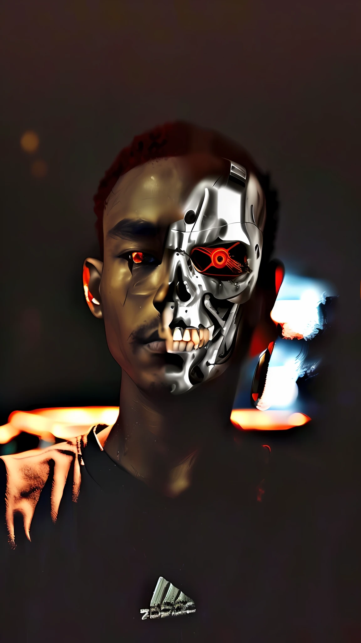 there is a man with a skeleton face and a cell phone, a  black cyborg, symmetry!! portrait of cyborg, part robot and part black human, cyborg portrait, portrait of cyborg, portrait of terminator, movie still of a cool cyborg, with robotic parts on his face, ( ( robot cyborgs ) ), portrait of a cyborg