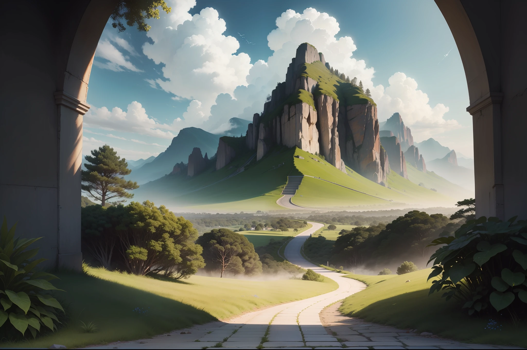 man, landscape, nature, mountains, paths, path, path to heavens, palm trees, alone, alone, straight path, natural view, divine, clouds, cloud, heavens, sky, sun, detailed sky, path to, back, manly, manly, manly, vigorous, strong, well-dressed, tunic, decent, walk, run, path, beauty path, life path, nature, beautiful place, paradise, back, walking, sky, God, Heavens, Jesus Christ, Christ Jesus, Yeshua, Messiah, Christ, heavenly, looking straight way, towards photorealism, photorealistic, ultra hd, 4k, detailed textures, futuristic colors, detailed colors,