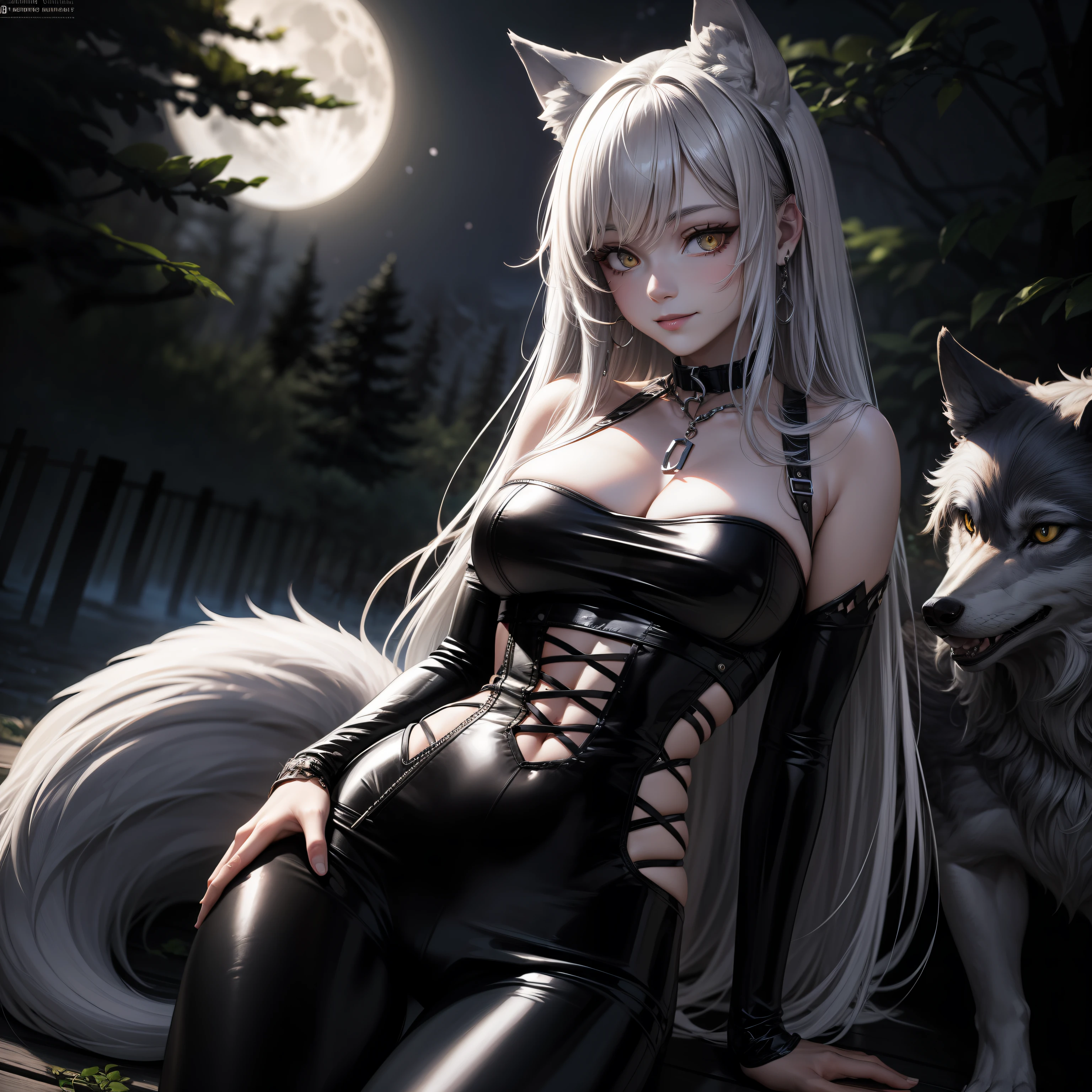 (absurdres, highres, ultra detailed), 1 girl, adult, handsome, tall,, finely detailed eyes and detailed face, black leather pants, no shirt, open chest, night, smile, dutch angle, long white hair, (((wolf ears))), earrings in wolf ears, wolf white tail, moon, forest, black horns in his head, silver details, earrings, black chocker, gothic, dark, black simple dress, looking at the view, pale skin, yellow detailed eyes, eyeliner, dog collar, --auto