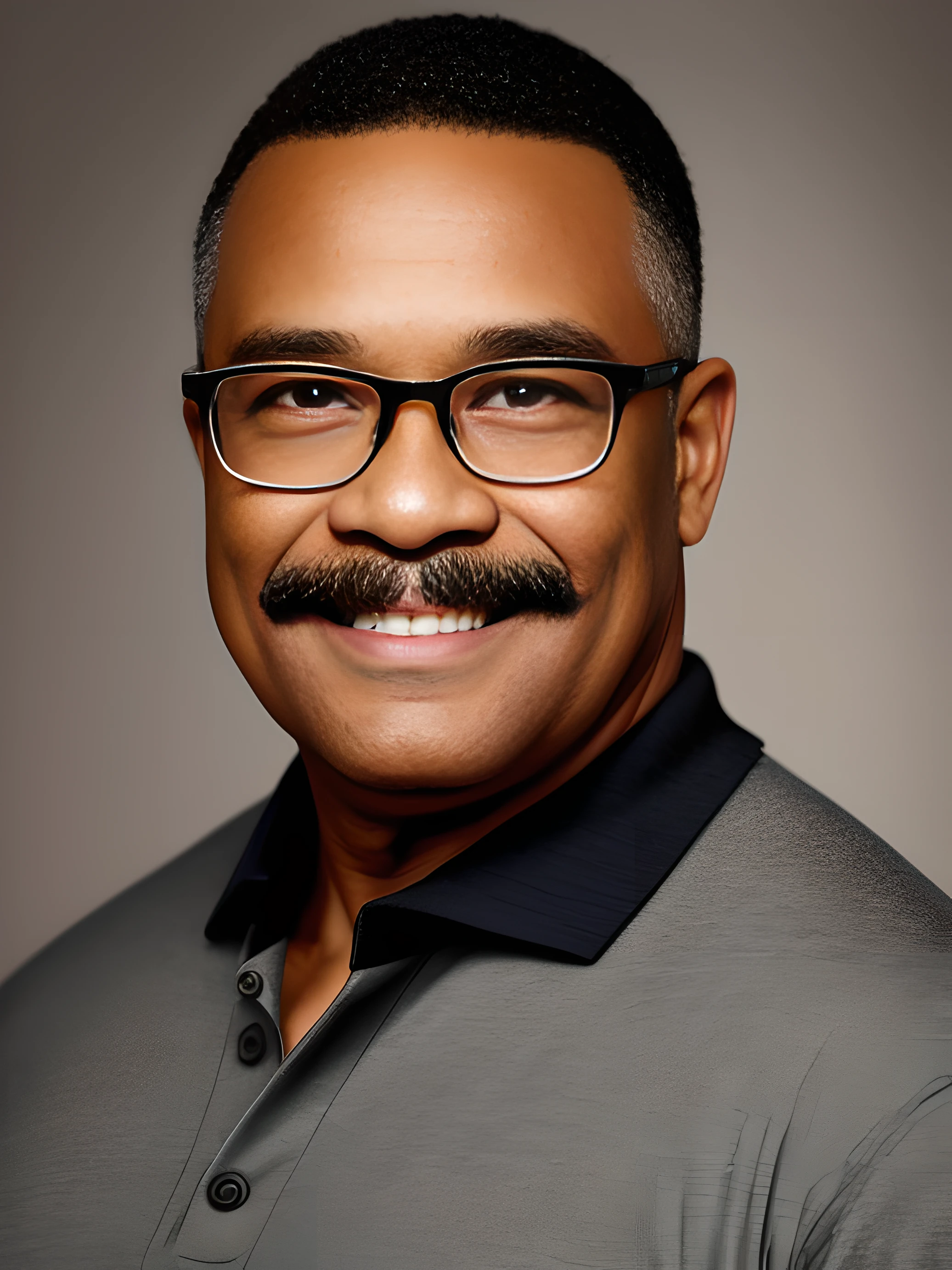 1 man, short hair, black hair, military cut, polo shirt, black man, brown eyes, mature, smile, gray background, posing for photo, 8k, half body, no beautification, mustache, glasses, fat, no bodybuilding, around 50 years, photography --auto