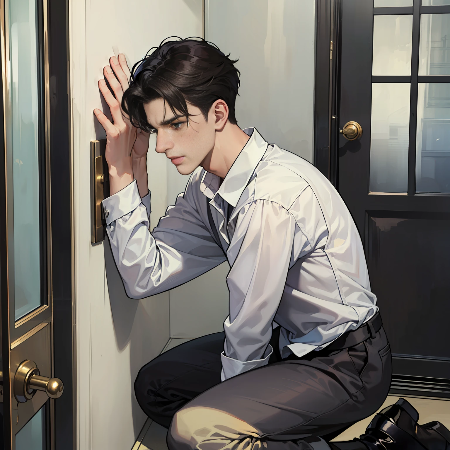 (A black-haired young man wearing a white shirt is kneeling outside a closed security door, his expression filled with helplessness: 1.9) (His hands are pressed against the sturdy metal door, as if pleading for entry: 1.8) (The surroundings are dimly lit, with faint shadows cast by the door's bars: 1.7) (The man's disheveled hair and wrinkled clothes suggest a state of distress: 1.6) (A sense of confinement and desperation permeates the scene: 1.8)