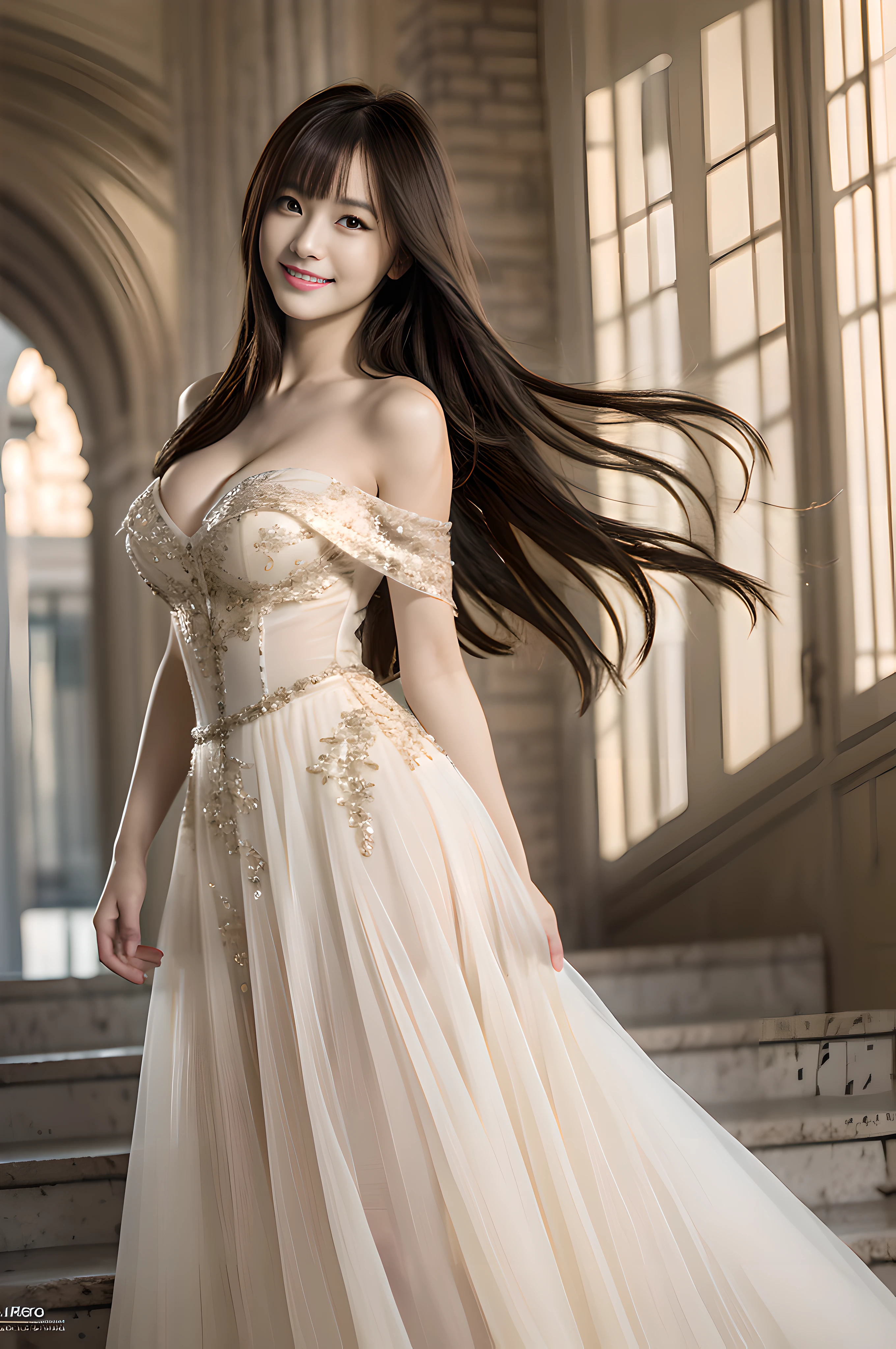((Intelligence Officer:1.3)), (Realistic, Photorealistic: 1.37), (Masterpiece, Best Quality: 1.2), (Ultra High Definition: 1.2), (RAW Photo: 1.2), (Sharp Focus: 1.3), (Face Focus: 1.2), (Ultra Detailed CG Unified 8k Wallpaper: 1.2), (Beautiful Skin: 1.2), (Pale Skin: 1.3), (Hyper Sharp Focus: 1.5), ( Super Sharp Focus: 1.5), (Beautiful Face: 1.3), (Ultra Detailed Background, Detailed Background: 1.3), Bokeh, Depth of Field, Break, Very Cute and Beautiful Pictures of Japan Women, (22 years old: 1.1), ((Full Body: 1.3)), (Studio Lighting: 1.3), (Cinematic Lights: 1.3), (Backlight: 1.3), Full Body Lighting, Look Straight, Cinematic Angle, Graceful standing, Blake, (cream gorgeous luxury dress: 1.3, satin dress, off-shoulder dress, corset dress, long dress, detailed clothes), bare shoulders, collarbone, (dark brown eyes, beautiful eyes, princess eyes), (mahogany hair, single hair, bangs, hair between eyes, long hair), (slender, abs), (big 1.35), (thin waist: 1.15), solo, parted lips, red lips, ( shiny skin), (detailed dinner party background: 1.2, dinner party background, descending the stairs near the venue entrance, attracting the attention of men), (seductive smile: 1.15), (perfect female body), frame head, perfect anatomy, perfect proportions, 8.5 life-size, face focus, ultra-realistic photos, ultra-clear images, ultra-detailed images,