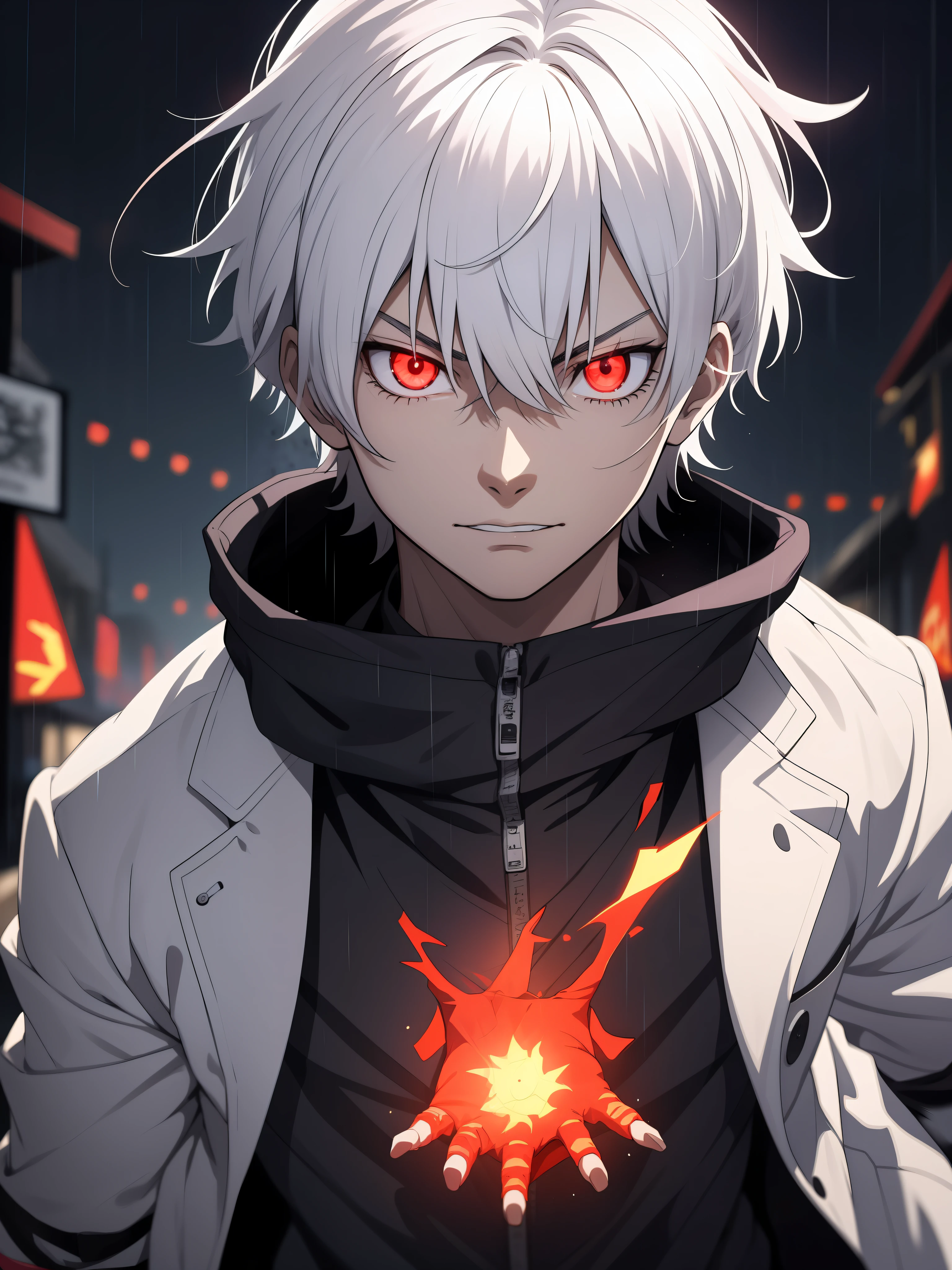 anime boy with white hair and red eyes standing in the rain, with red glowing eyes, with glowing red eyes, ken kaneki, kaneki ken, badass anime 8 k, anime style 4 k, anime art wallpaper 8 k, best anime 4k konachan wallpaper, his eyes are red and glowing, white haired, 4k anime wallpaper, with glowing eyes