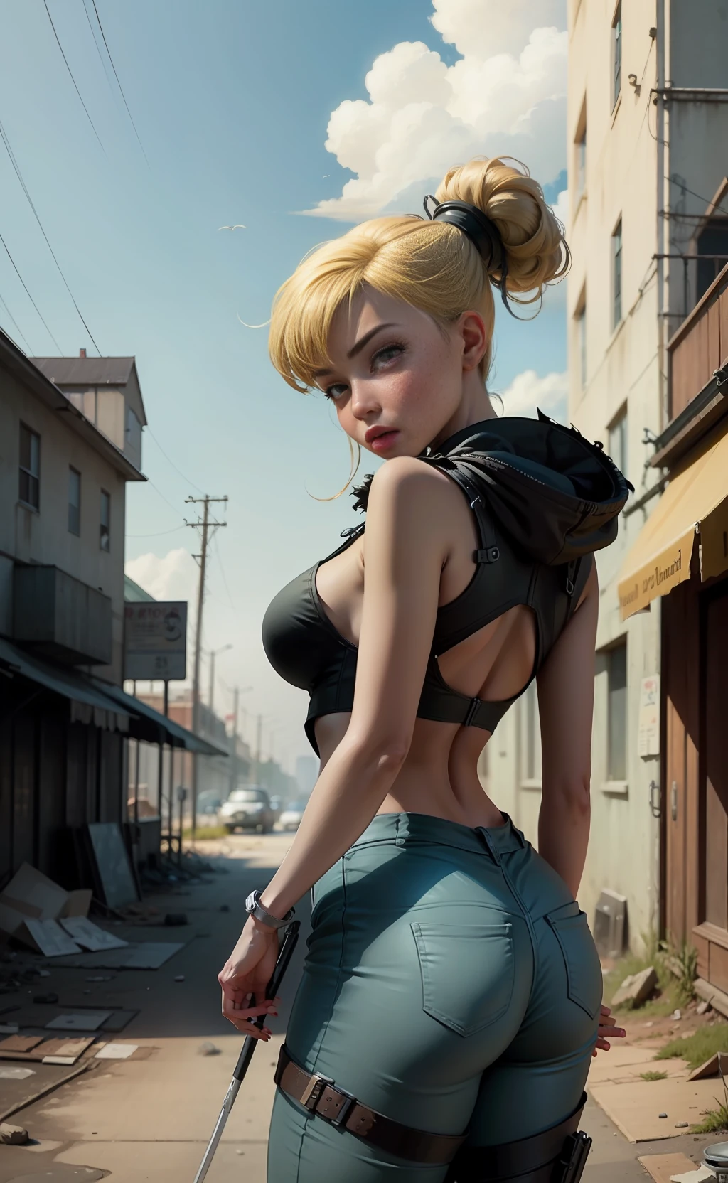 A mix of comic art and lineart full of natural colors, a black woman wearing a torn armored vault jumpsuit, a destroyed and deserted city, ((fallout 3 setting)) the best quality, masterpiece, high resolution, acrylic painting, trend in fan Pixiv box, spatula and brush strokes, makoto shinkai style, Jamie Wyeth James Gillard edward hopper Greg Rutkowski studio ghibli Kenshin impact