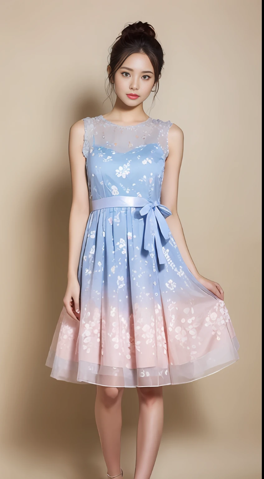 An A-line dress with knee-length or knee-length length, light pink or light blue color, floral pattern or yangchun pattern, cotton or chiffon fabric