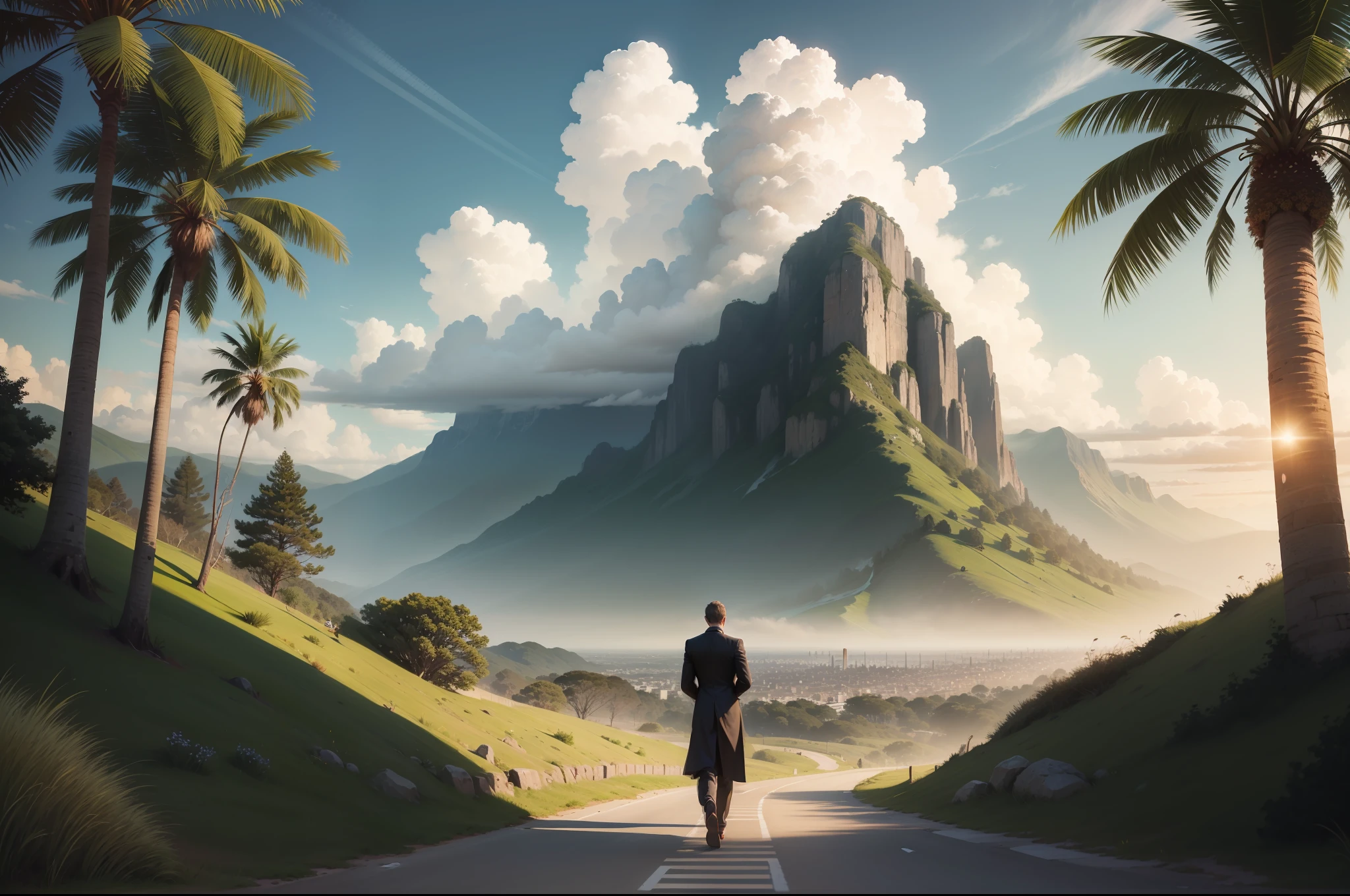 man, landscape, nature, mountains, paths, path, path to heavens, palm trees, alone, alone, straight path, natural view, divine, clouds, cloud, heavens, sky, sun, detailed sky, path to, back, manly, manly, manly, vigorous, strong, well-dressed, tunic, decent, walk, run, path, beauty path, life path, nature, beautiful place, paradise, back, walking, sky, God, Heavens, Jesus Christ,  Christ Jesus, Yeshua, Messiah, Christ, heavenly, looking straight way, towards photorealism, photorealistic, ultra hd, 4k, detailed textures, futuristic colors, detailed colors,