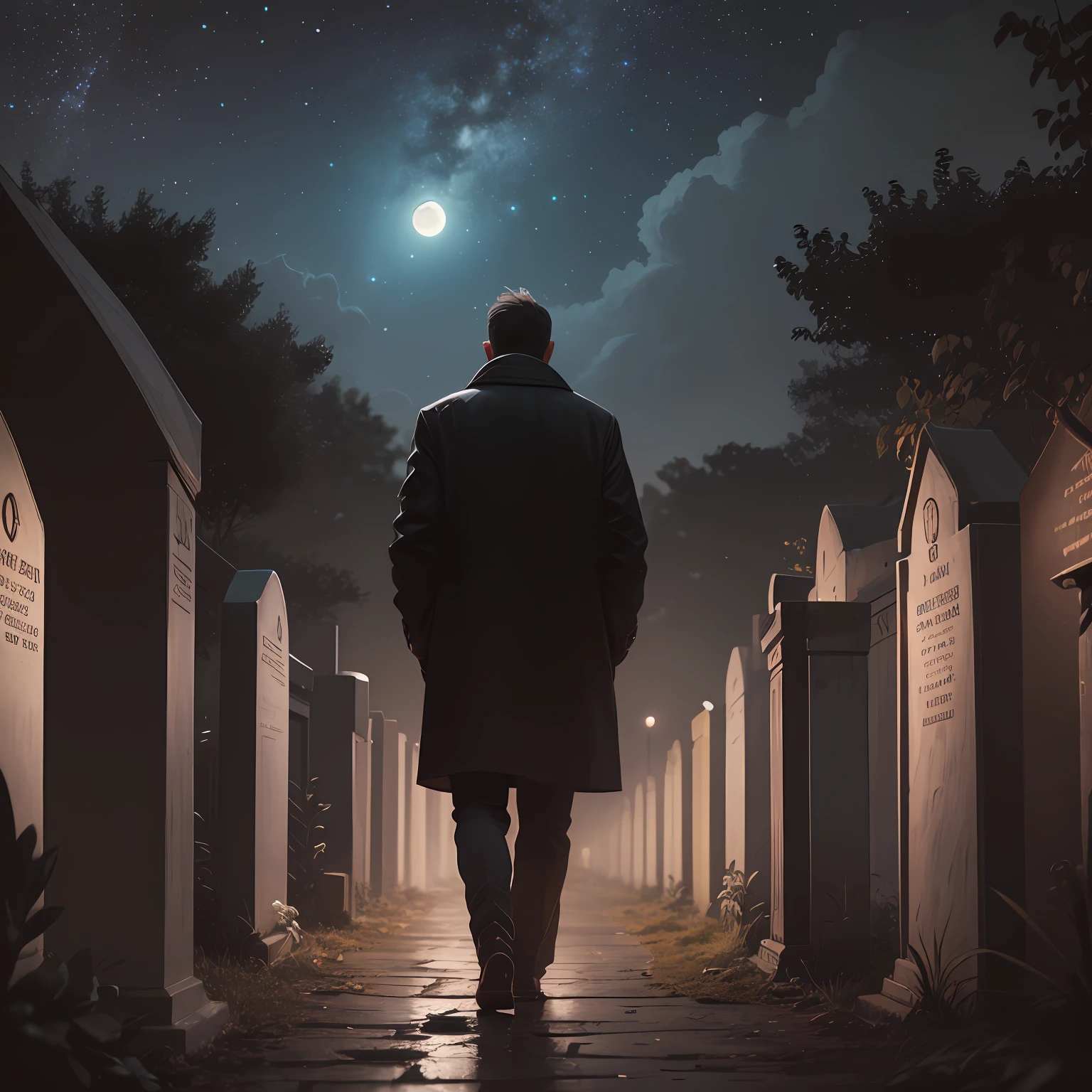A man walking in the cemetery at night.
