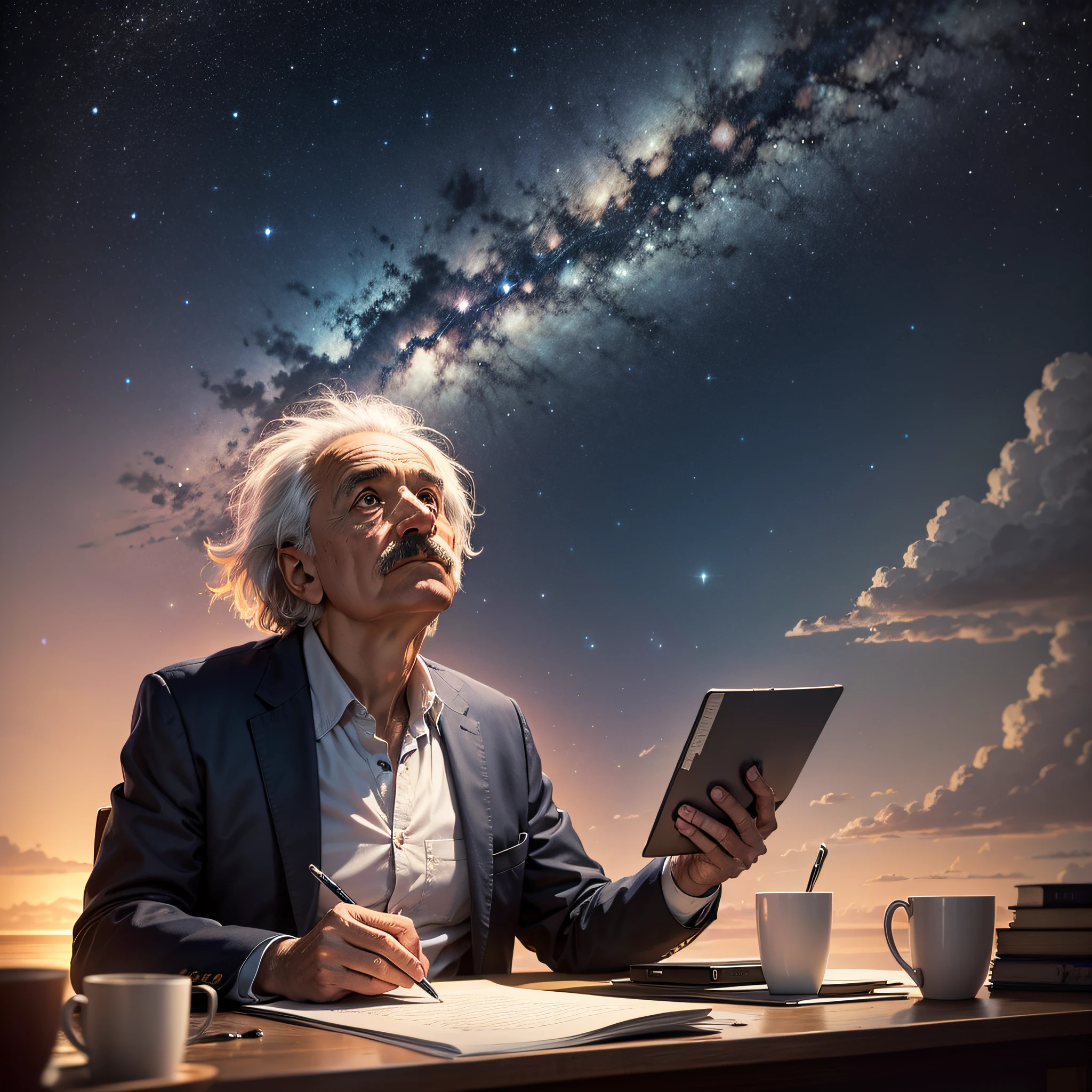 Imagine an image of Albert Einstein deeply concentrated, looking up at the starry night sky, while thinking about the equation of relativity --auto