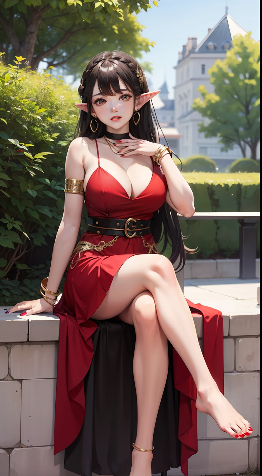 (masterpiece best quality:1.4),Yui,anime,1girl, jewelry, pointy ears, long hair, breasts, barefoot, dress, black hair, sitting, earrings, red nails,cowboy shot,red dress, armlet, nail polish, feet, looking at viewer, large breasts, bracelet, crossed legs, very long hair, cleavage, toes, toenail polish, red lips, bare shoulders, toenails, full body, elf, bare legs,outdoor