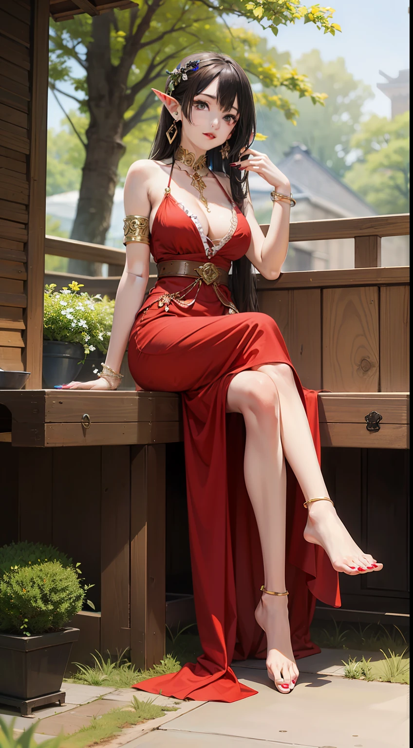 (masterpiece best quality:1.4),Yui,anime,1girl, jewelry, pointy ears, long hair, breasts, barefoot, dress, black hair, sitting, earrings, red nails,cowboy shot,red dress, armlet, nail polish, feet, looking at viewer, large breasts, bracelet, crossed legs, very long hair, cleavage, toes, toenail polish, red lips, bare shoulders, toenails, full body, elf, bare legs,outdoor