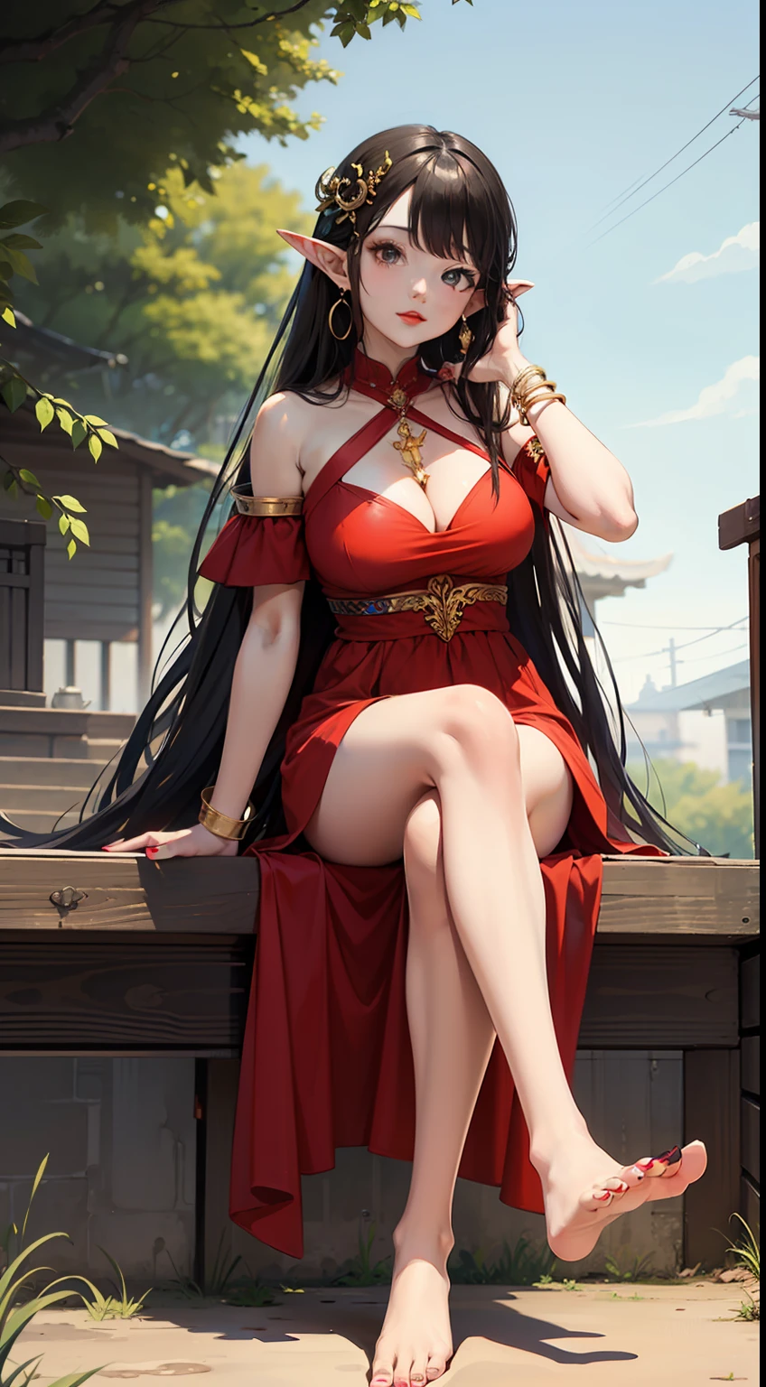(masterpiece best quality:1.4),Yui,anime,1girl, jewelry, pointy ears, long hair, breasts, barefoot, dress, black hair, sitting, earrings, red nails,cowboy shot,red dress, armlet, nail polish, feet, looking at viewer, large breasts, bracelet, crossed legs, very long hair, cleavage, toes, toenail polish, red lips, bare shoulders, toenails, full body, elf, bare legs,outdoor