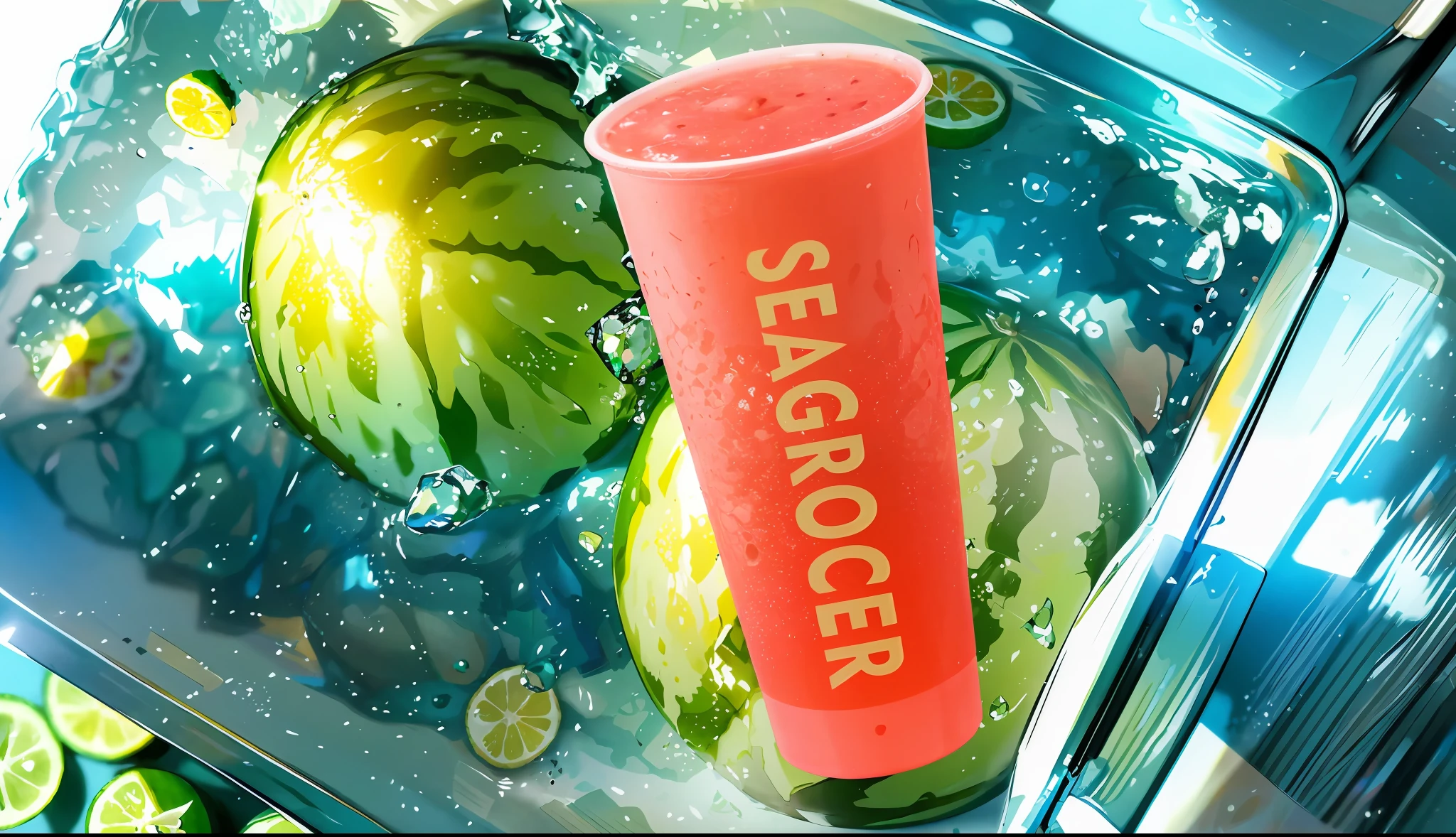 Inside there is a clear plastic cup without lid, watermelon smoothie, slush, modeling, watermelon slush, grainy, bottom white crystal ball, texture, bubbles, water droplets, official product pictures, product photos, products, product - view, PET material, transparent, white background