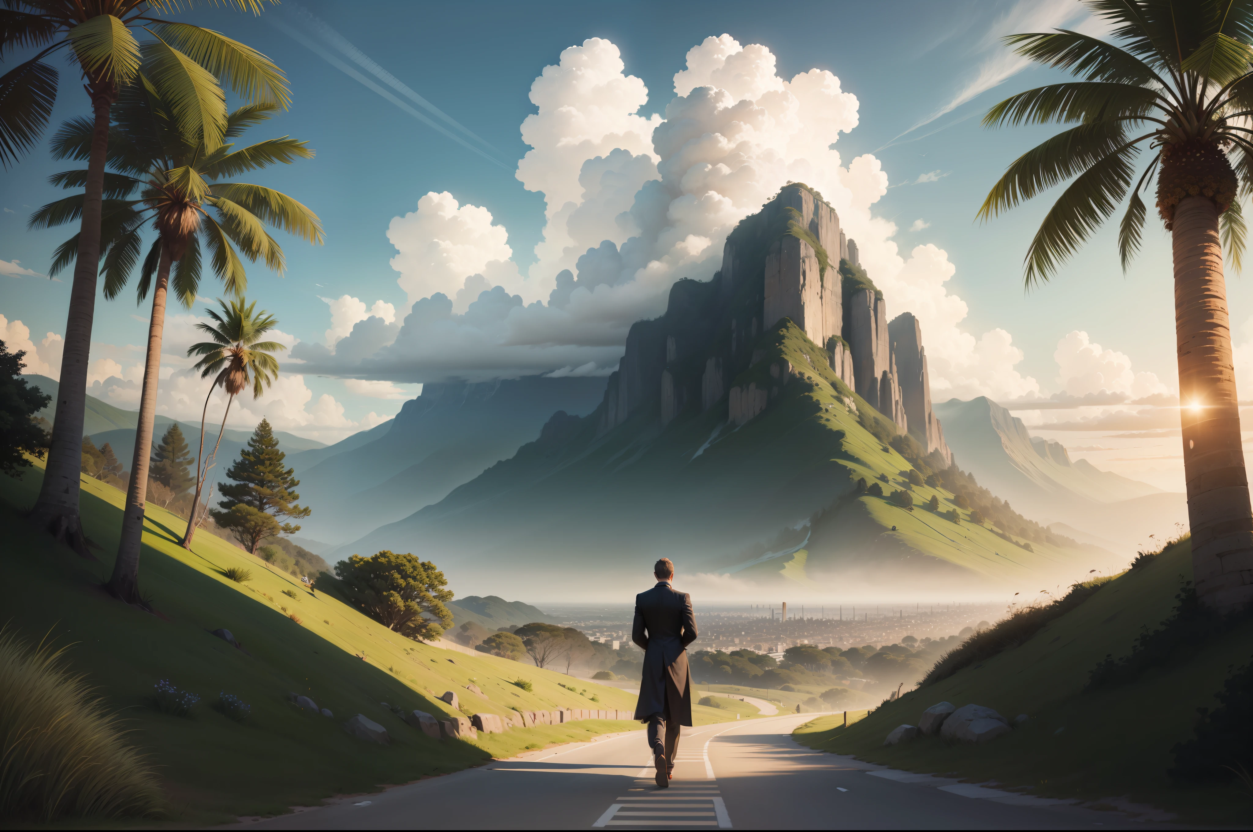 man, landscape, nature, mountains, paths, path, path to heavens, palm trees, alone, alone, straight path, natural view, divine, clouds, cloud, heavens, sky, sun, detailed sky, path to, back, manly, manly, manly, vigorous, strong, well-dressed, tunic, decent, walk, run, path, beauty path, life path, nature, beautiful place, paradise, back, walking, sky, God, Heavens, Jesus Christ, Christ Jesus, Yeshua, Messiah, Christ, heavenly, looking straight way, towards photorealism, photorealistic, ultra hd, 4k, detailed textures, futuristic colors, detailed colors,