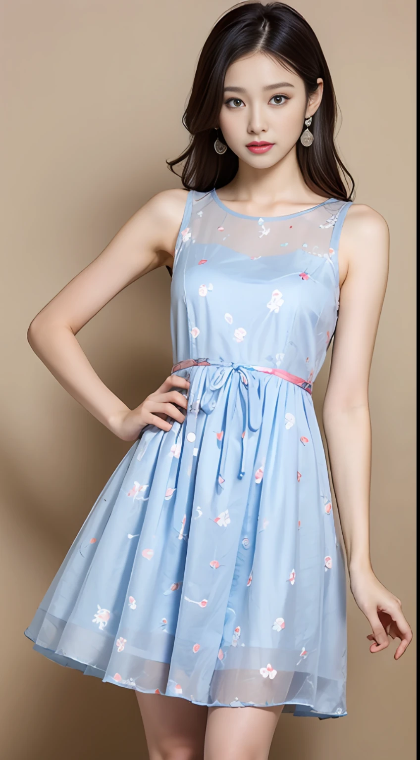 An A-line dress with knee-length or knee-length length, light pink or light blue color, floral pattern or yangchun pattern, cotton or chiffon fabric