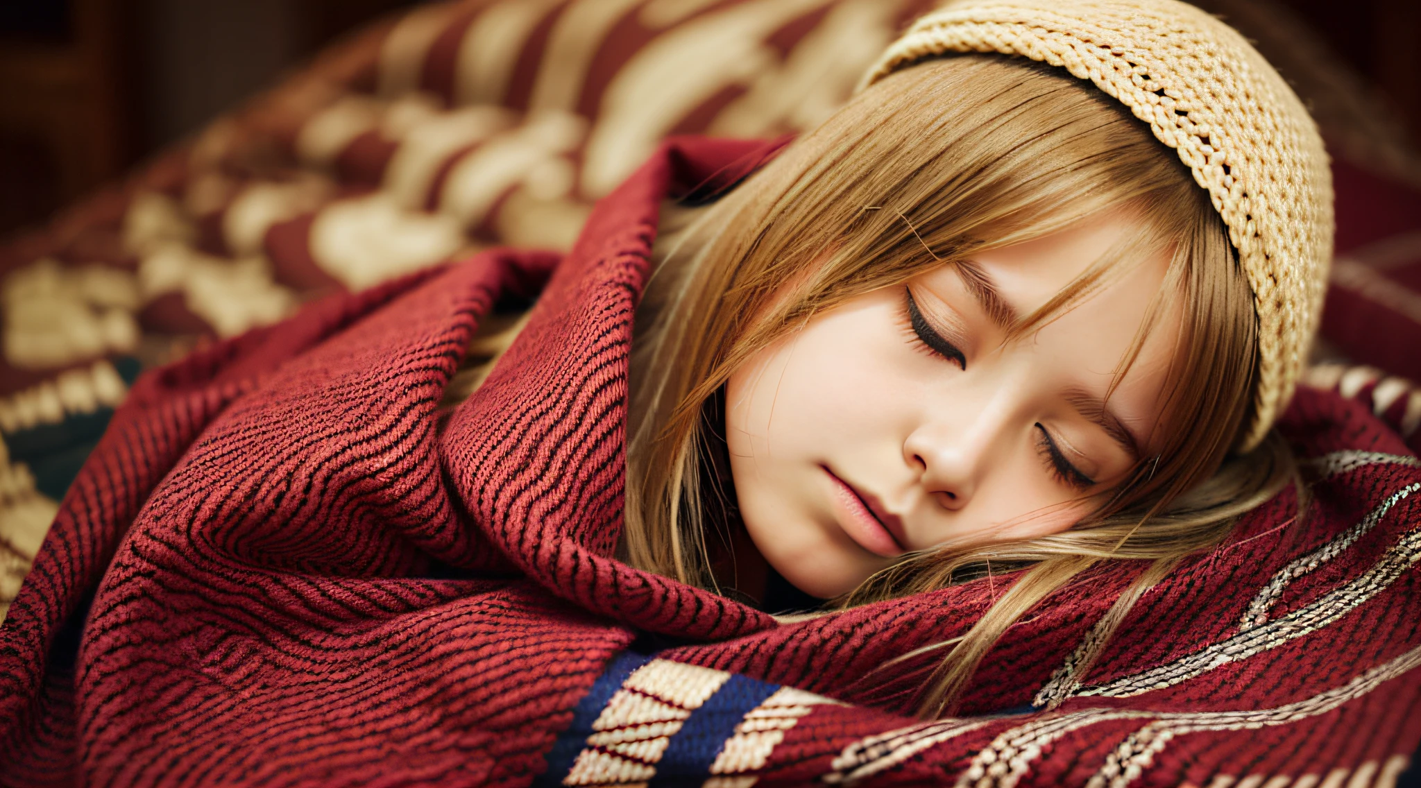 BLONDE CHILD GIRL WITH LONG HAIR WEARING A SCARF AND A HAT, SLEEPY FASHION MODEL FACE, SLEEPY, SLEEPY EXPRESSION, Marisa Kirisame, wearing cute RED scarf, prettier, sleeping, sick with a cold, Lalisa Manobal, Misa Amane*, very tired woman, sleeping, Takeyuki Kanda, Lalisa Manoban of blackpink