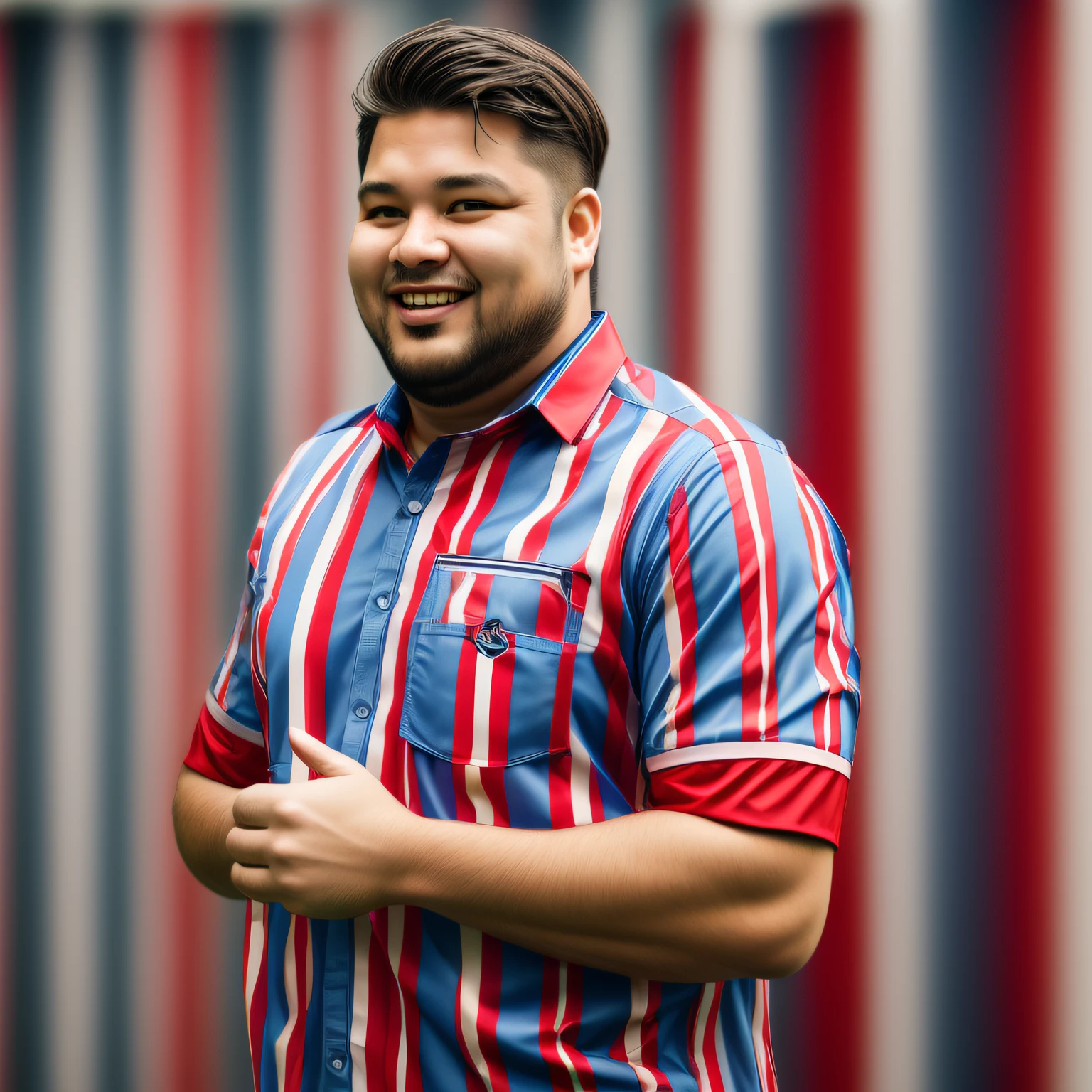 (add_detail:1) Fat man wearing striped shirt, shirt with vertical stripes colors red blue and white, soccer style jersey FC, happy man,