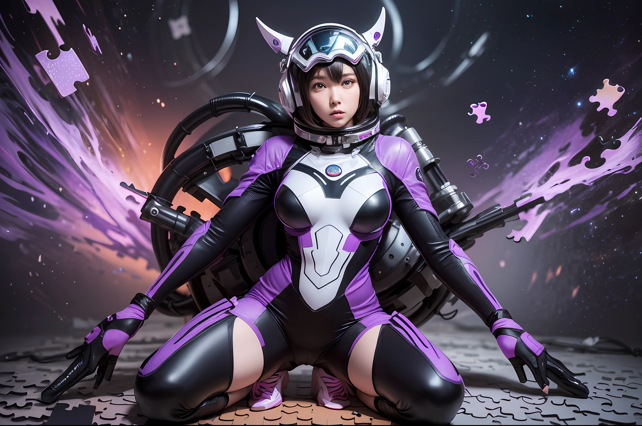 display full body female spacesuit created by HR Giger, ((made from purple jigsaw puzzle pieces)), hyperdetailed, ((breaking apart)), (anime style: 1.5), wide angle, 30k, UHD, --auto --s2