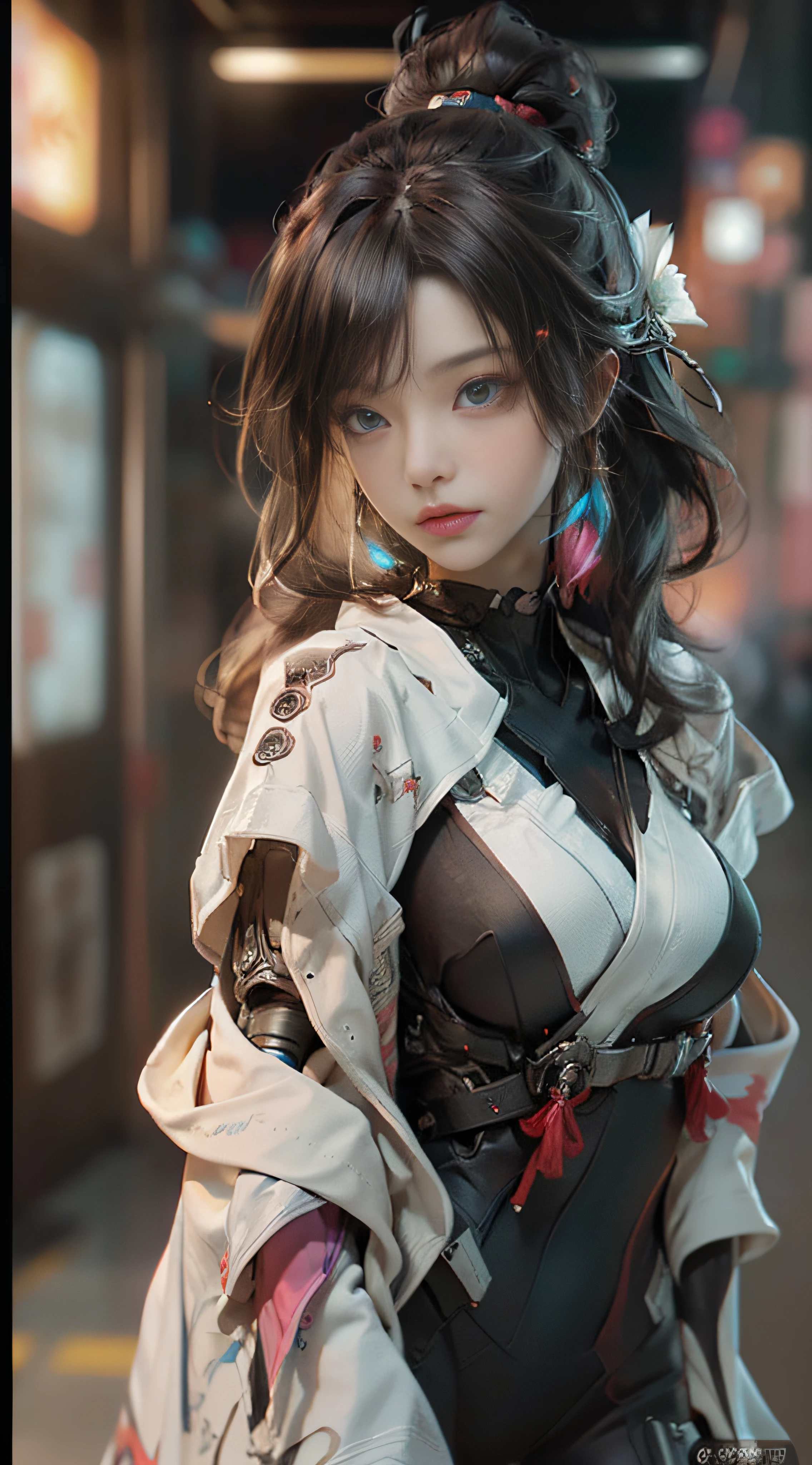 ((best best quality)), ((MasterPiece)), (Detail:1.4), 3D, A beautiful cyberpunk female image,HDR(high dynamic range),RayTrace,nvidia rtx,The ultra-Resolution,Unreal 5,Subsurface scattering、pbr texturing、postprocessing、Anisotropic Filtering、depth offield、Maximum Clarity and Clarity、Many-Layer Textures、Albedo and Specular map、Surface coloring、Mitsu-Accurate simulation of material interactions、Perfect Scale、octanerendering、Two-colored light、large aperture、low ISO、white balance、Rule of Thirds、8K RAW、beautiful bright pupils,flowing robe,Fine pupils,Detailed face and eyes,Long Lashes,Blushlush,voluminous hair,Tender red lips
