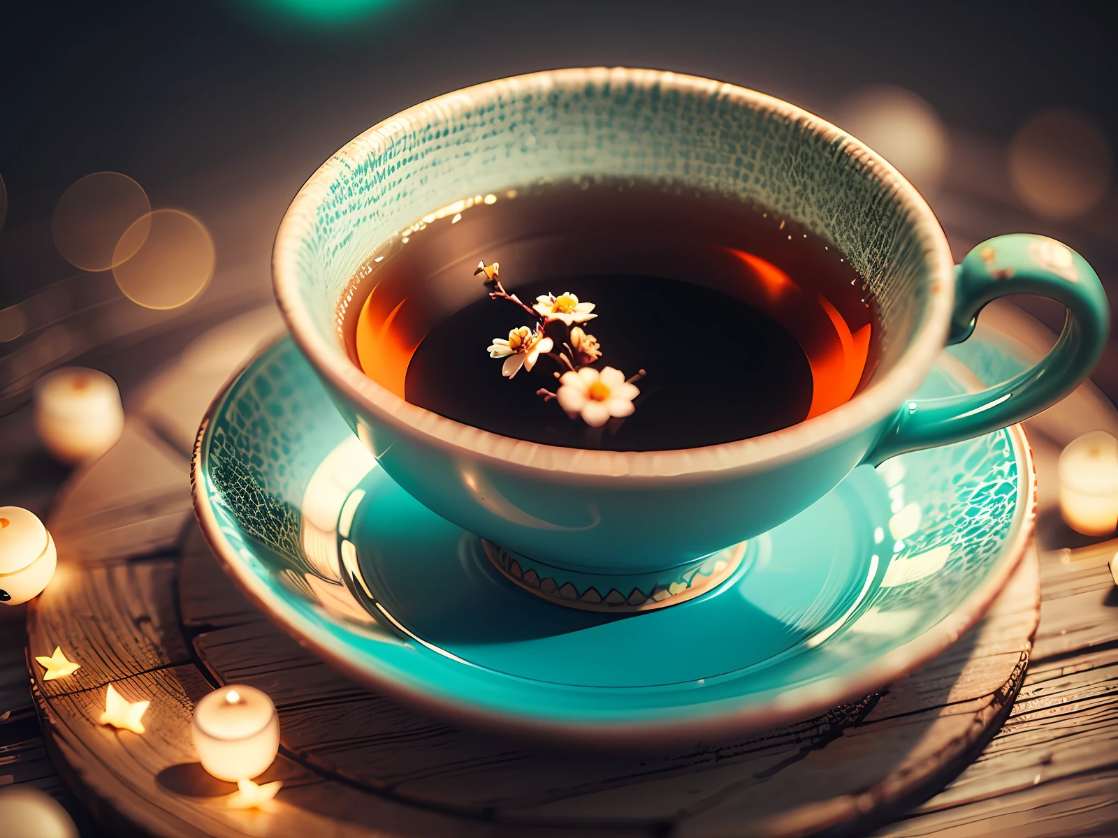 cinematic shot of a tea cup in bokeh effect, Bioluminescence art on the cup --auto --s2