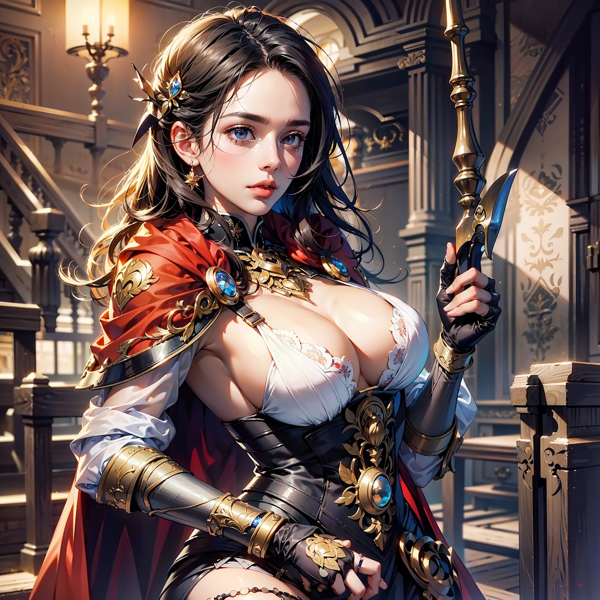 ((masterpiece))), (((best quality))), ((ultra-detailed)), (hyperrealistic), (highly detailed CG illustration), cinematic light, photorealistic ,extremely beautiful young lady, light makeup, big breast, intricate detailed eaba, red cape, spear