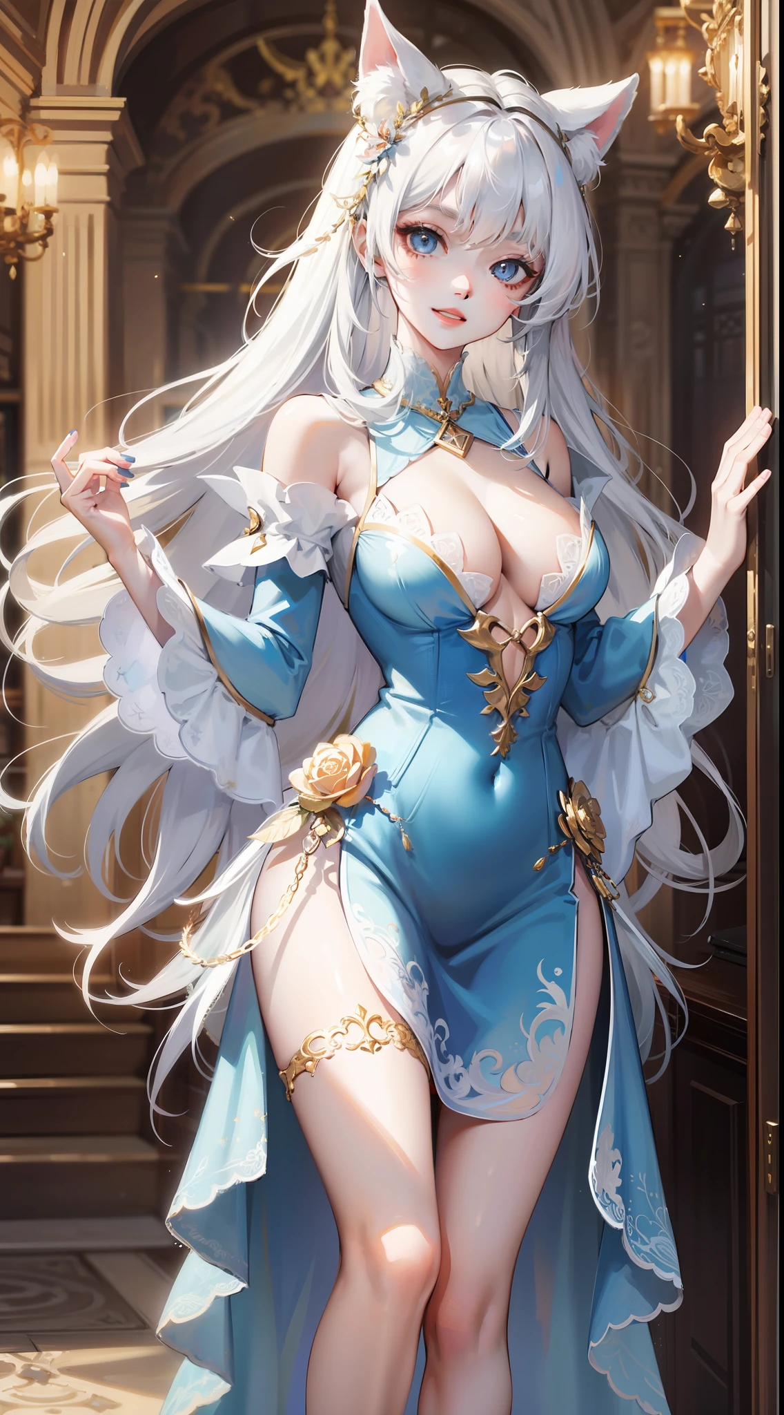 Adult girl, long white hair, blue eyes, beautiful dress, open chest, smile, masterpiece, high quality