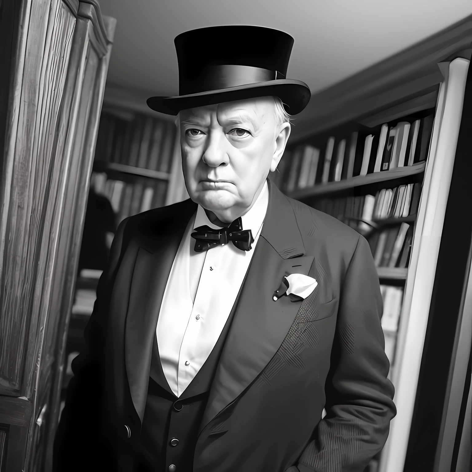 image of a man in top hat and bow tie, inspired by Winston Churchill, Winston Churchill, vector art, inspired by Yousuf Karsh, classic portrait, he is wearing a top hat, digital art portrait, hitchcock, portrait of Orson Welles, Winston, iconic character of high detail, by Yousuf Karsh, scenery in the background of a library, classical library --auto
