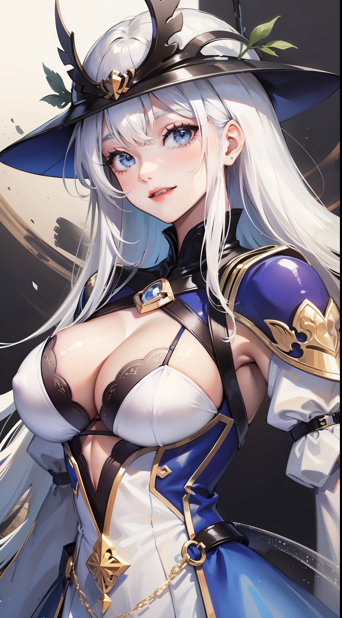 Adult girl, long white hair, blue eyes, beautiful dress, open chest, smile, masterpiece, high quality