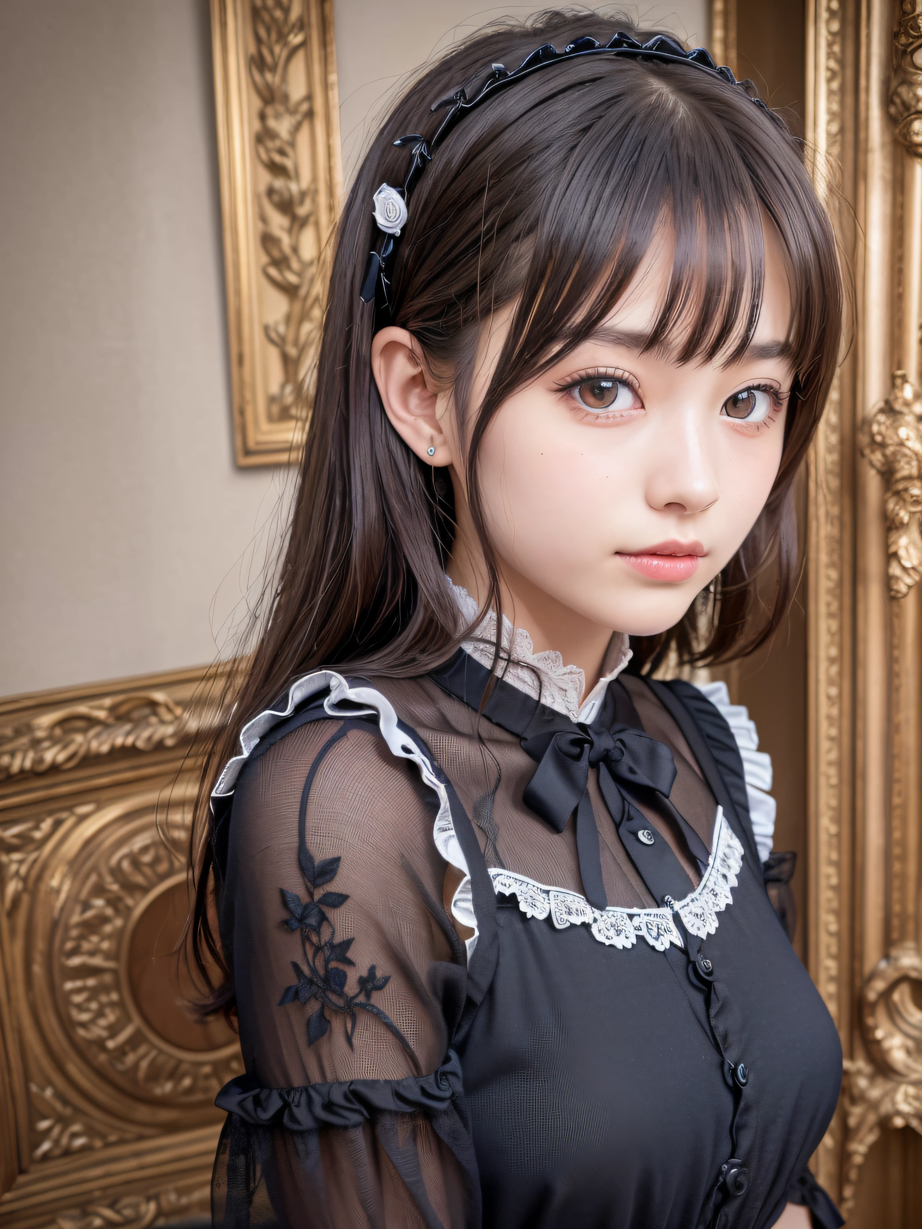 1 nogizaka girl, utterly cute, bishojo, ((15yo)), (gothic lolita fashion), an exquisitely detailed and beautiful face and eyes and skin, detailed black shine hair, elegant frills, frilled tie, ribbon tie, rose hair accessory, smile at the camera, cowboy shot, (the picturesque landscape of european castles), professional lighting, (realistic, photo-realistic:1.37), 8k, (masterpiece), (best quality:1.4), (ultra high res:1.2), (RAW photo:1.2), (a dress with delicate lace, soft fabric, and a beautiful rose pattern), perfect anatomy, 4fingers and 1thumbs, ultra detailed background, (unity 8k wallpaper)