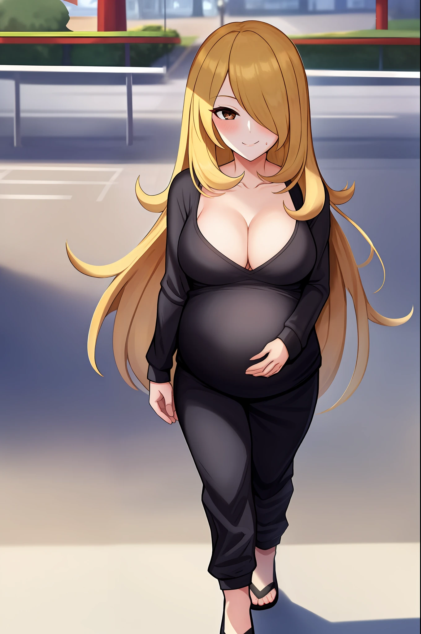 Cynthia, masterpiece: 1.2, smile, hair_over_one_eye, medium_breasts, full body, standing, casual wear, black long-sleeved blouse, V-neck blouse, wide neckline, sweatpants, walking in a park, pregnant, wearing ice cream in her right hand, left hand on breasts, blush.
