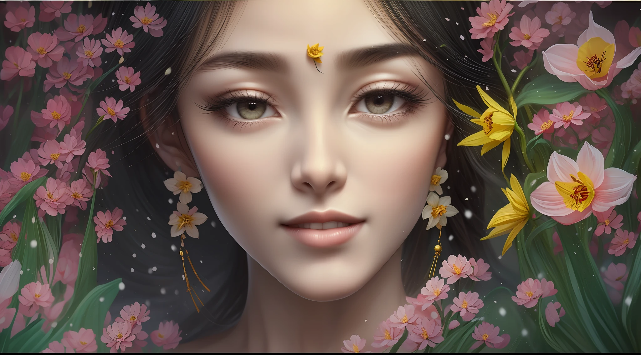 Chinese painting, gongbi painting style, ink, legend, red, crimson, daffodil, foreground, daffodil medium view, daffodil vista, (snow scene), (ancient Chinese big red Hanfu beauty standing in the sea of flowers smiling)), melon seed face, willow leaf eyebrows, cherry small mouth, (black eyes), gentle atmosphere, close-up, perfect facial features, (hair delicately depicted), (delicate facial depiction), master works, (meticulous depiction of flowers), ultra-fine, high quality, high resolution, perfect composition, ((masterpiece))