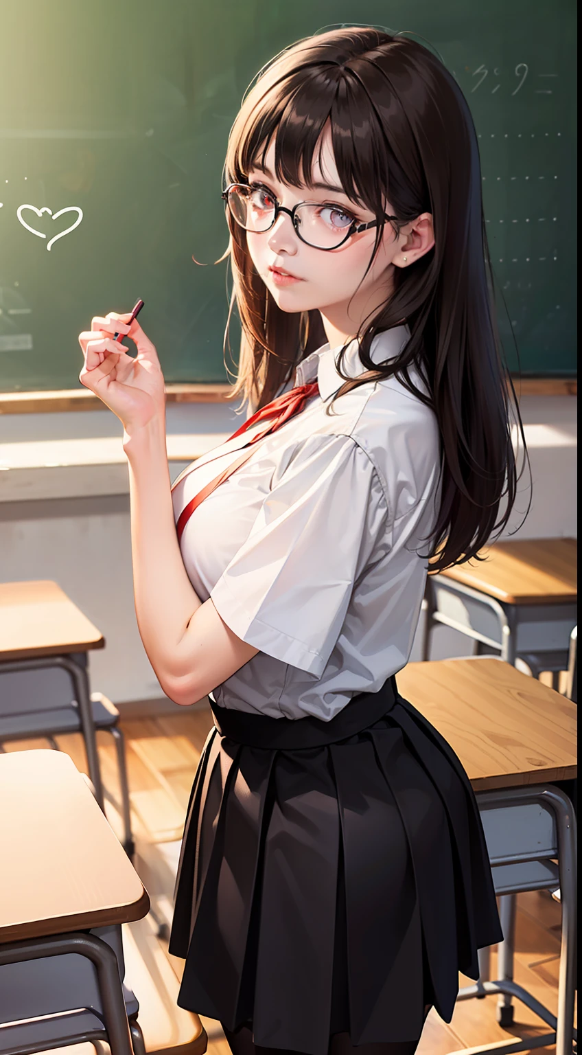 (high quality,best quality:1.2),looking at viewer,(overlooking:1.12),(From the top down:1.26),movie light,top light,(a teacher1.21),(Heart-shaped pupils:1.331),(serious:1.21),brown hair:long hair:0.3,(wave hair:1.21),(mature:1.221),Large breast,Blush,shirt,black Pleated skirt,(a hand Holding a chalk:1.331),(Black silk stockings,black Half-rimmed glasses), classroom,Blackboard,standing,(character in the center:1.21),(Random pose:1.22),(dynamic Angle:1.21),(Realistic, 8k wallpaper,Perfect detail:1.12)