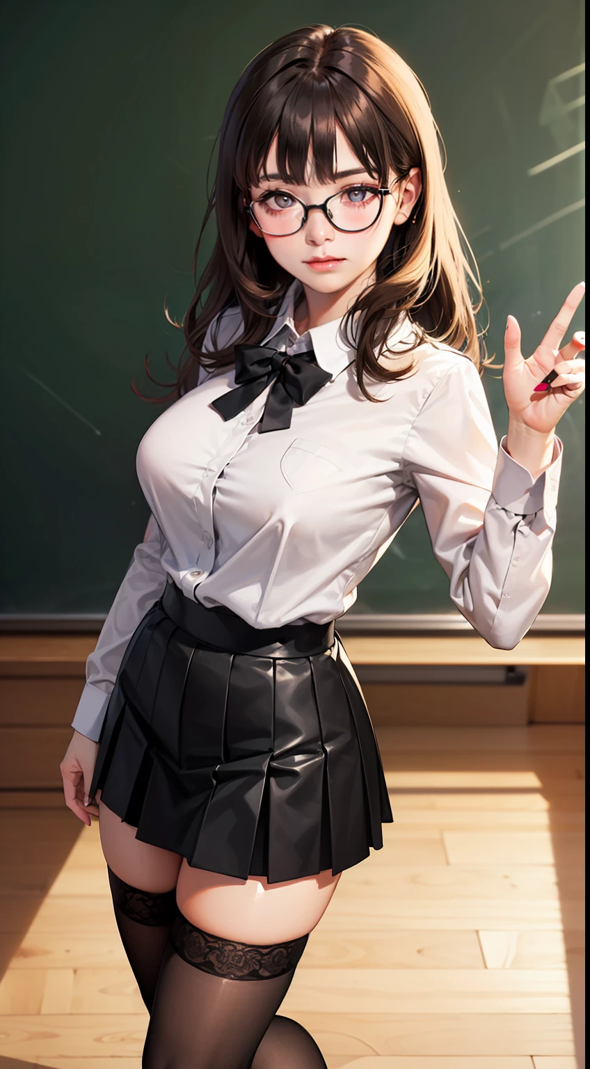 (high quality,best quality:1.2),looking at viewer,(overlooking:1.12),(From the top down:1.26),movie light,top light,(a teacher1.21),(Heart-shaped pupils:1.331),(serious:1.21),brown hair:long hair:0.3,(wave hair:1.21),(mature:1.221),Large breast,Blush,shirt,black Pleated skirt,(a hand Holding a chalk:1.331),(Black silk stockings,black Half-rimmed glasses), classroom,Blackboard,standing,(character in the center:1.21),(Random pose:1.22),(dynamic Angle:1.21),(Realistic, 8k wallpaper,Perfect detail:1.12)