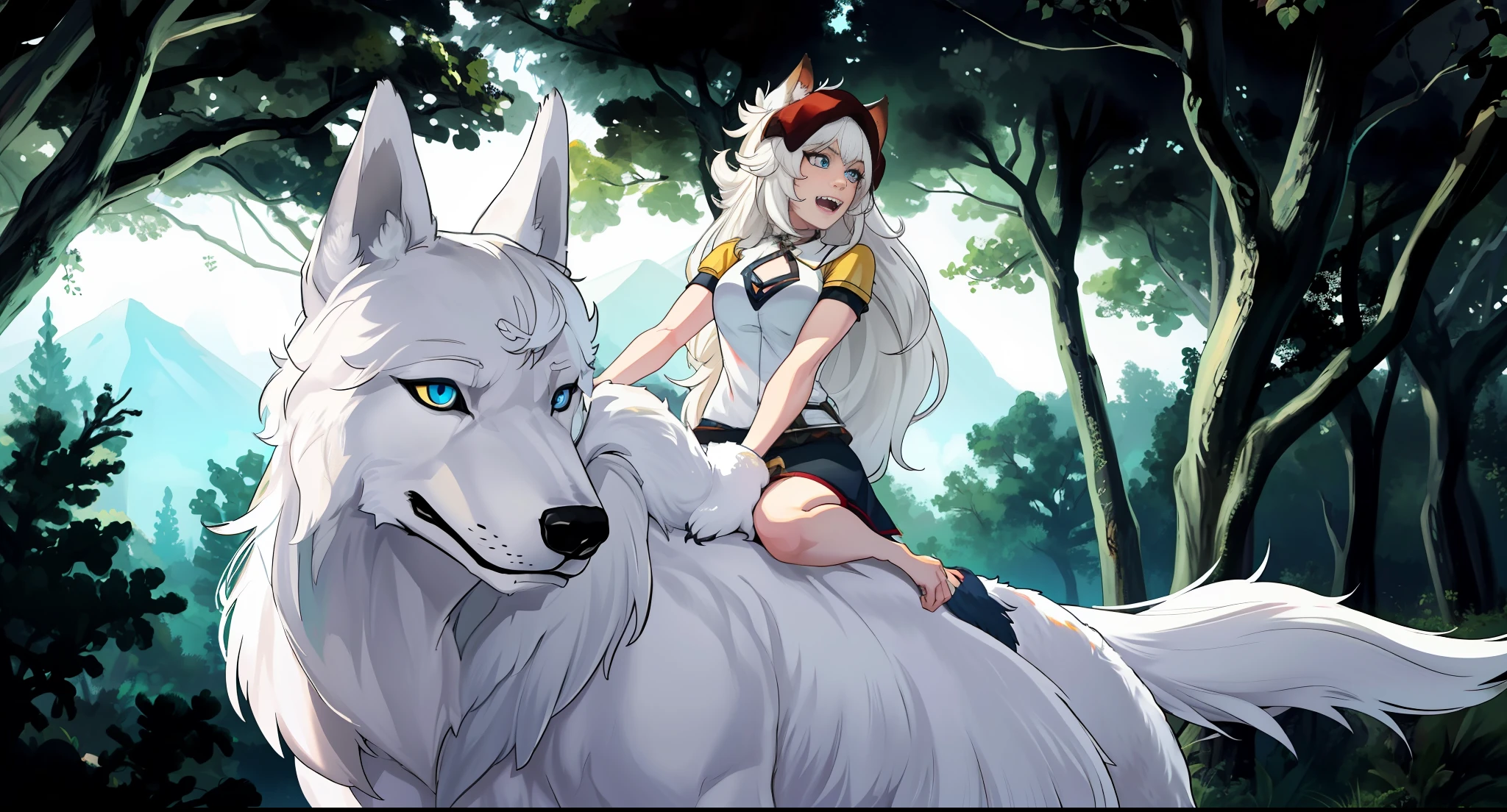 Masterpiece, best quality, Wolf_male, detail_fluffy_fur, uploaded_to_e621, anthro, furry_female, Masterpiece, Best_quality, ((duo)), (Antro), kemono art style, sfw, full body, medieval forest background, white hair, (((totally white body))), blue eyes, big fangs, carrying a girl with long yellow hair, blue eyes, on her back