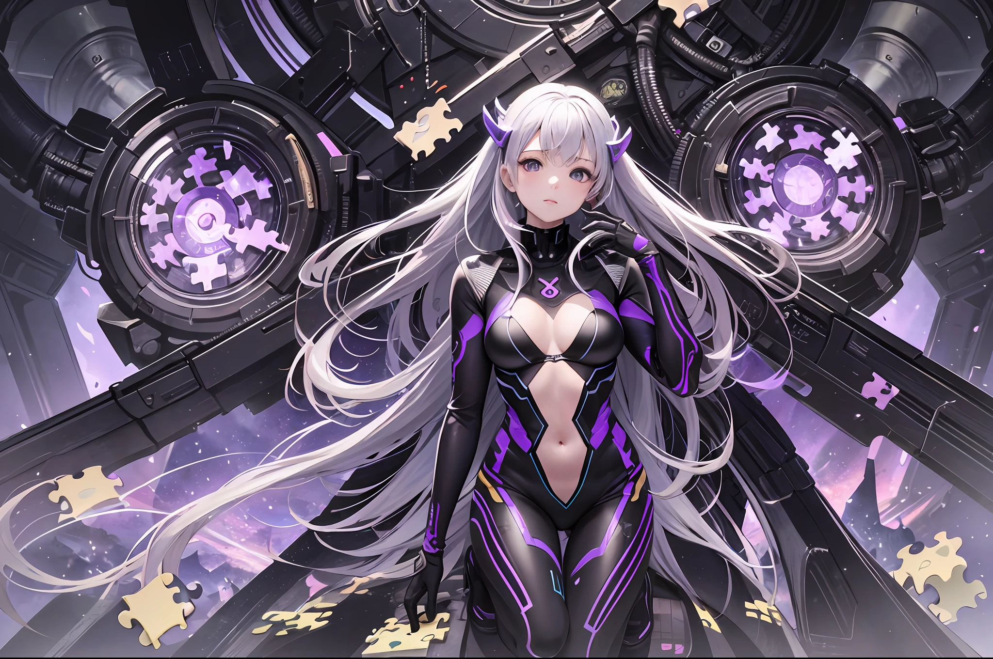 Masterpiece, Best Quality, Female Full Body Space Suit Created by HR Giger, ((Made of Purple Puzzle Pieces)), Hyper Detailed, ((Shattering)), (Anime Style: 1.5), Wide Angle, 30k , UHD, --auto --s2