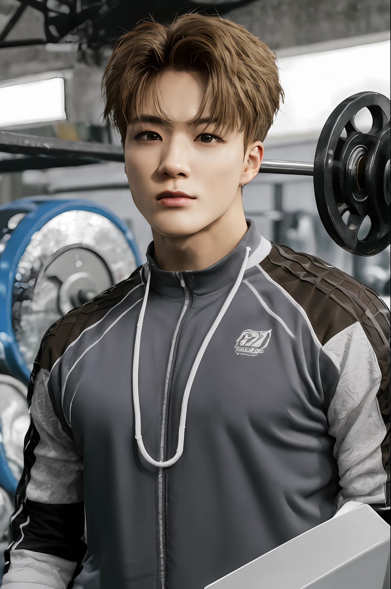 jenov2, front front, (masterpiece, ultra quality, high resolution, 8k, hd, intricate: 1.2), (detailed face: 1.2), gym clothes, beautiful, medium length hair, detailed skin, pores, absurd, 1boy, male focus, ((realistic)), good lighting quality, ((light skin)), brown eyes, stage background, perfect,