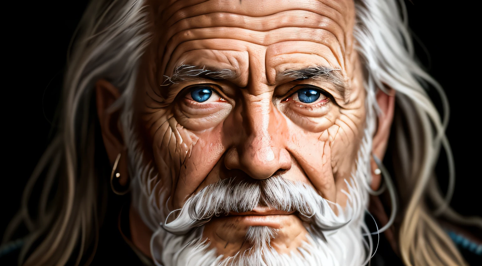 A portrait of a wizard, bearded, wrinkled, weathered, with piercing eyes, detailed face, high details, photography, dark studio, rim light, Nikon D850, 50mm, f/1.4