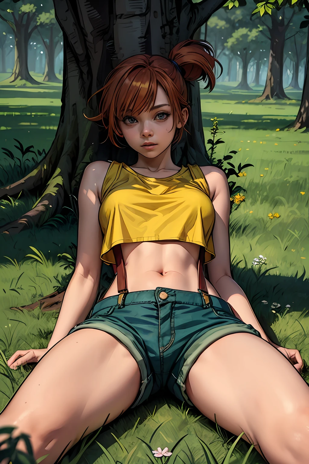 on grass, (best quality, masterpiece:1.2), photorealistic, thick outlines, strong shadows, 1 girl, full body, small breast, happy,  forest, clearing, giant trees, blue sky, clouds orange hair, yellow shirt, crop top, suspender shorts , thong shorts, detailed background, detailed face, zoomed in, laying on her back on her bed, legs spread wide open, ((arms over her head)), ((under boob))