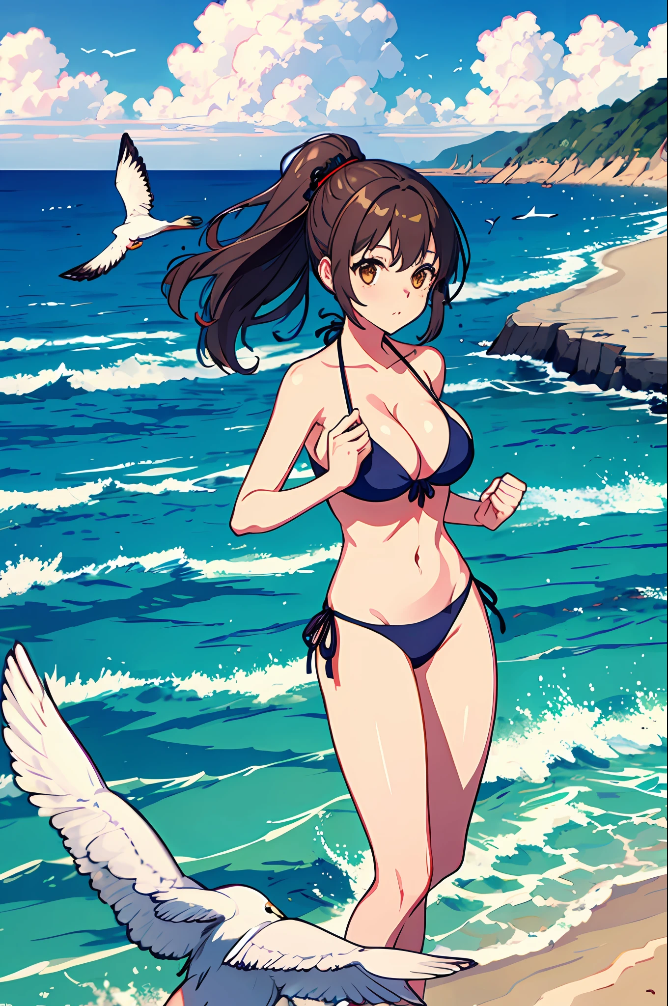 1 Girl, Seagull, Epilogue, Ocean, Bikini, Big Breast, No Edge Line