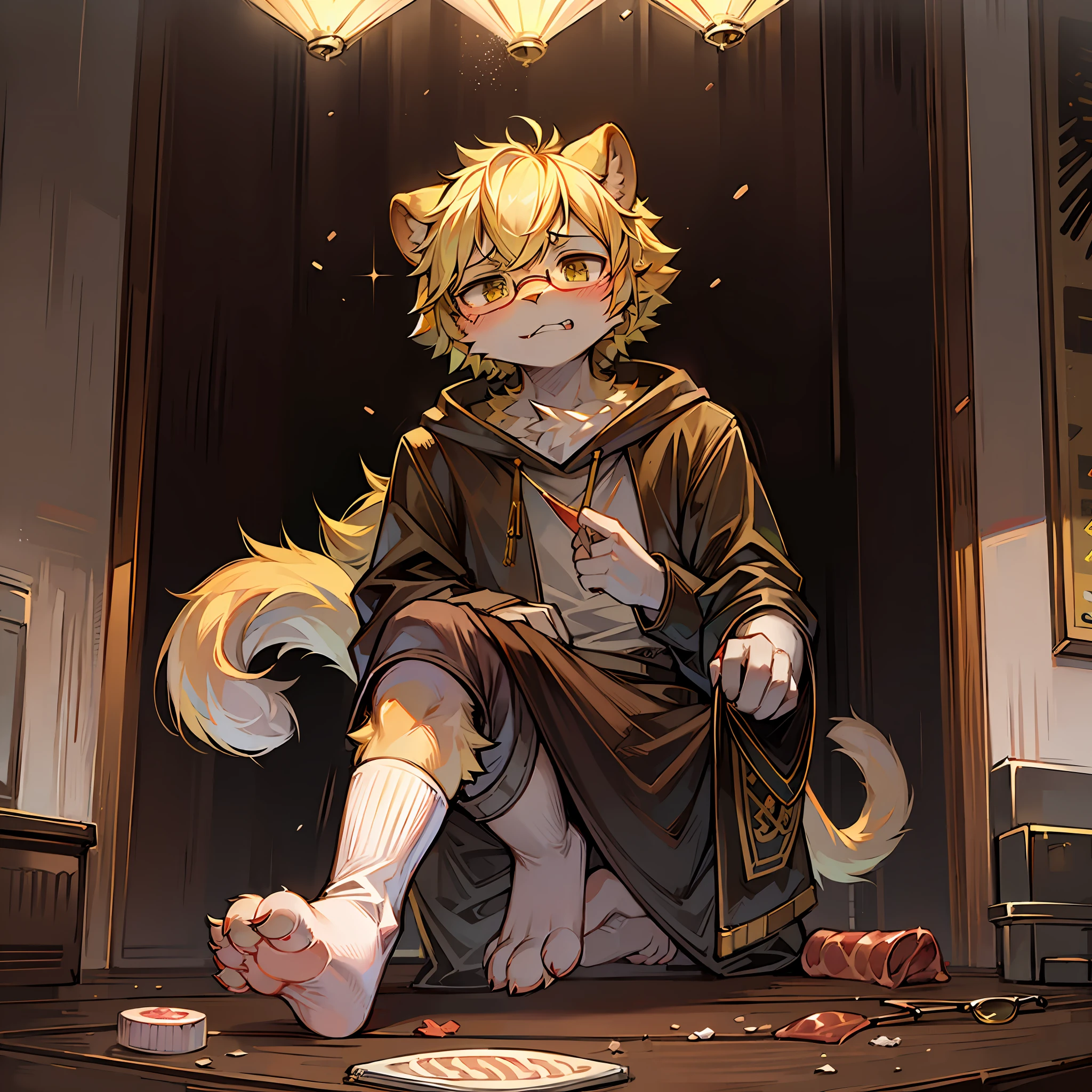 , lion clan, little Shota, fluffy ,,,, very fluffy, small ears, cat tail, barefoot, wear a sock, take a white light cone, wear black, yellow hair, sneer, meat pad, solo, high cold, witty. Broken glasses