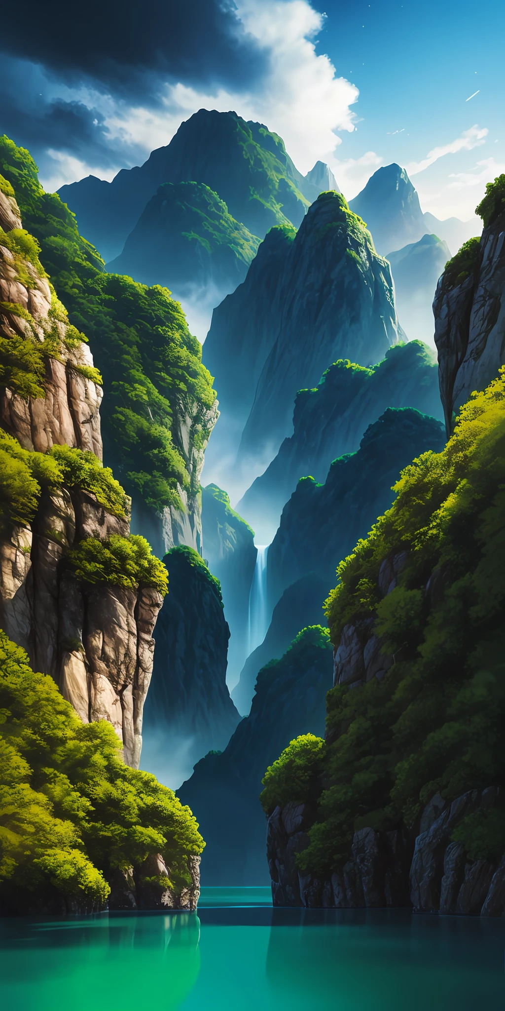 Masterpiece, best quality, high quality, extremely detailed CG unity 8k wallpaper, landscape, outdoor, sky, cloud, sky, no humans, mountain, landscape, water, tree, blue sky, waterfall, cliff, nature, lake, river , cloudy skies, award winning photography, bokeh, depth of field, HDR, bloom, chromatic aberration, photorealism, very detailed, trending on artstation, trending on CGsociety, intricate, high detail, dramatic, midjourney art