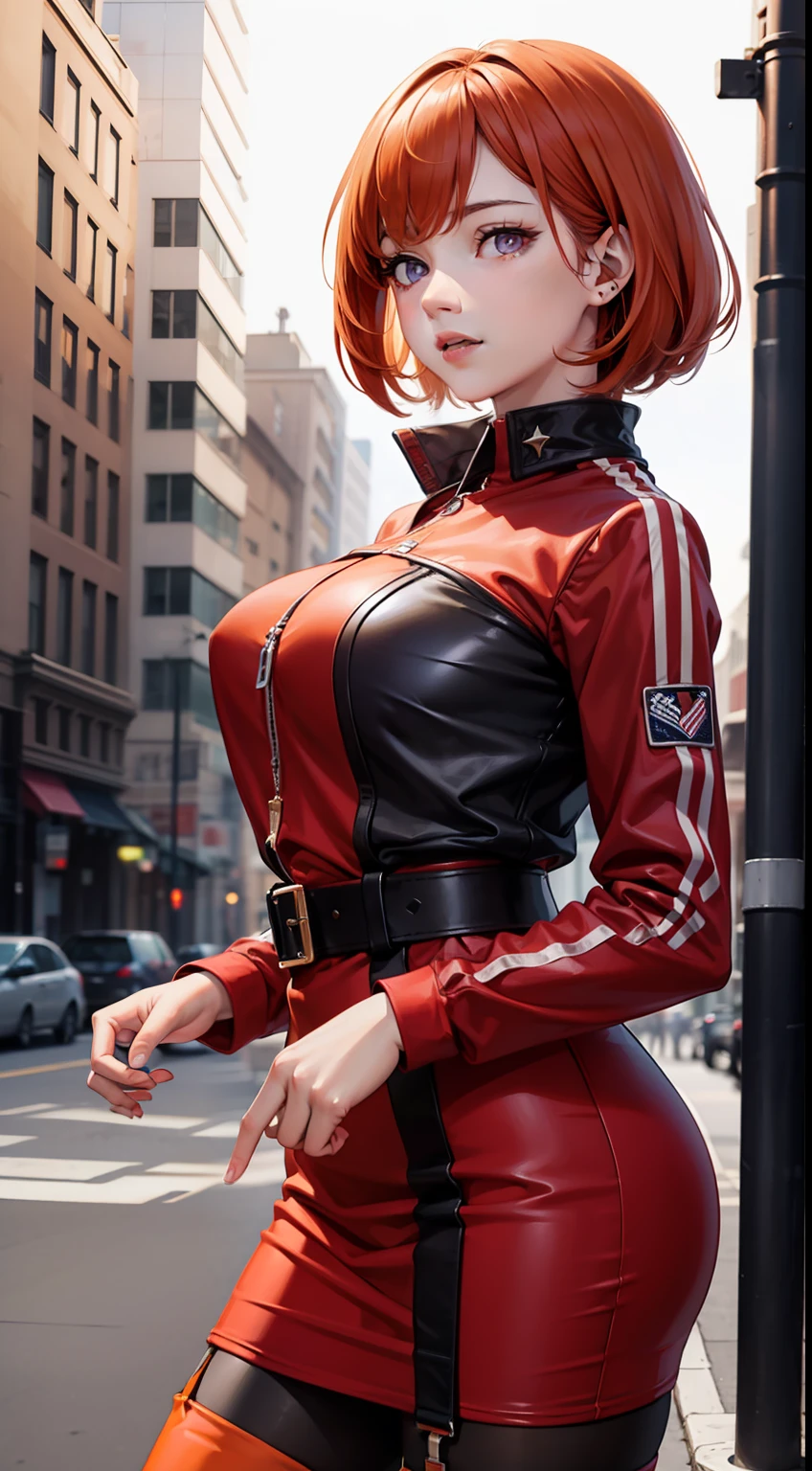 extremely detailed CG unity 8k wallpaper,illustration,lens 135mm,masterpiece, best quality,
1girl, solo, dtailed face,shorthair,orange hair ,purple eyes,middle breasts, 
 jewelry,[Jumpsuit:Wrap Skirt:0.5],american flag legwear , loafers, ,
 grimace,Balancing,
cowboy shot, 
Ward,