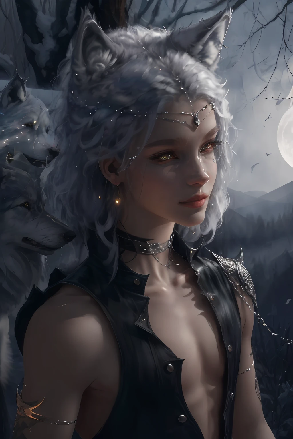 (absurdres, highres, ultra detailed), 1 male, adult, handsome, tall,, finely detailed eyes and detailed face, black leather pants, no shirt, open chest, night, smile, dutch angle, long white hair, (((wolf ears))), earrings in wolf ears, wolf white tail, moon, forest, black horns in his head, silver details, earrings, black chocker, gothic, dark, black simple dress, looking at the view, pale skin, yellow detailed eyes, eyeliner, dog collar, --auto
