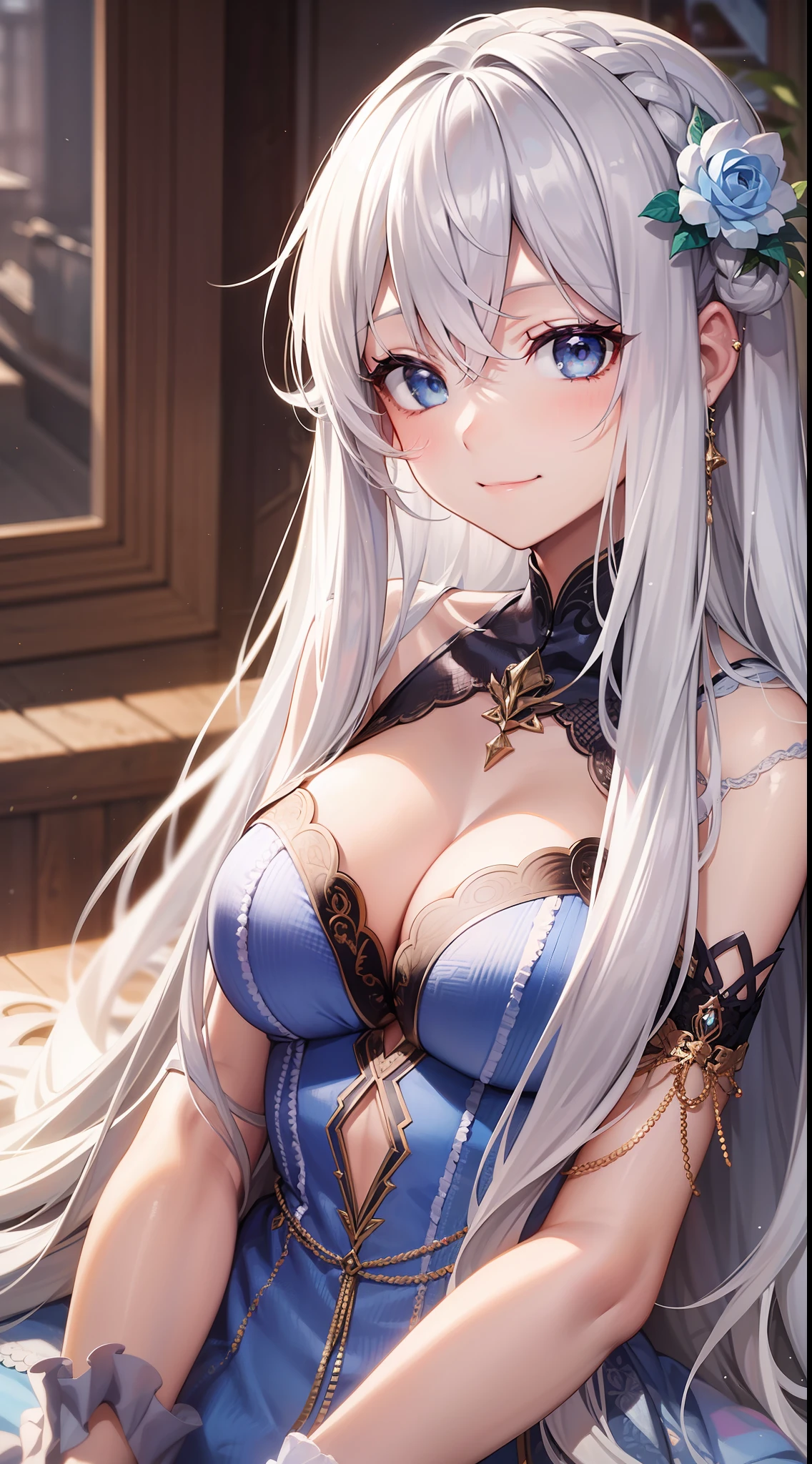 Adult girl, long white hair, blue eyes, beautiful dress, open chest, smile, masterpiece, high quality