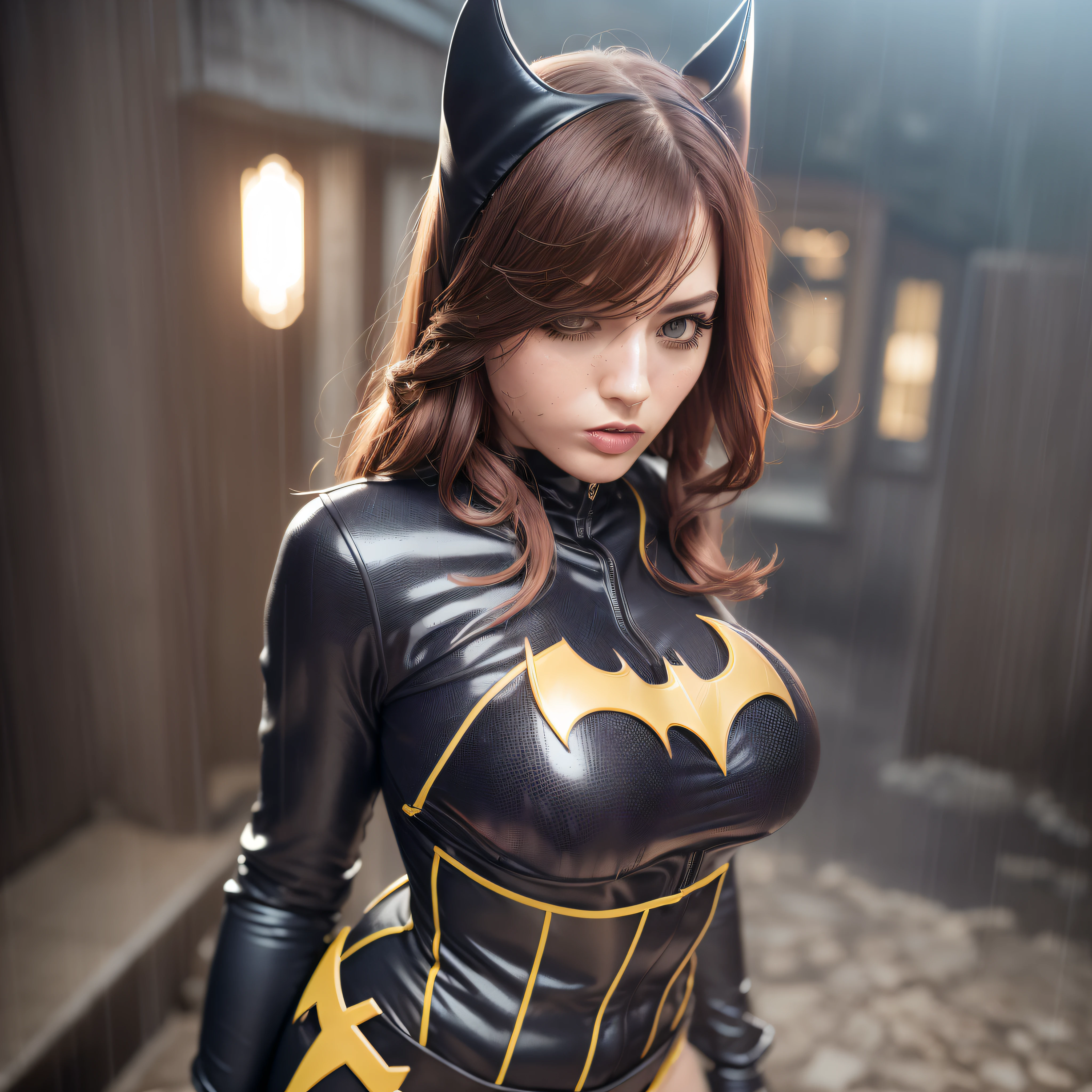 realistic eyes, detailed shadow, looking at the viewer,detailed lighting,(detailed hair, realistic hair, realistic lighting, realistic shadow, realistic clothing, realistic skin, realistic reflection of light from above,top top,sexy,night,socks,nu,big breasts,big chest,beautiful woman,(1 muher), only 1 woman, delicate face, red hair,batgirl outfit, batgirl outfit, batgirl costume, wearing batgirl mask, showing abdomen, rain, ((wet clothing)), heavy rain, american woman, american face haunted house, abandoned house background, night