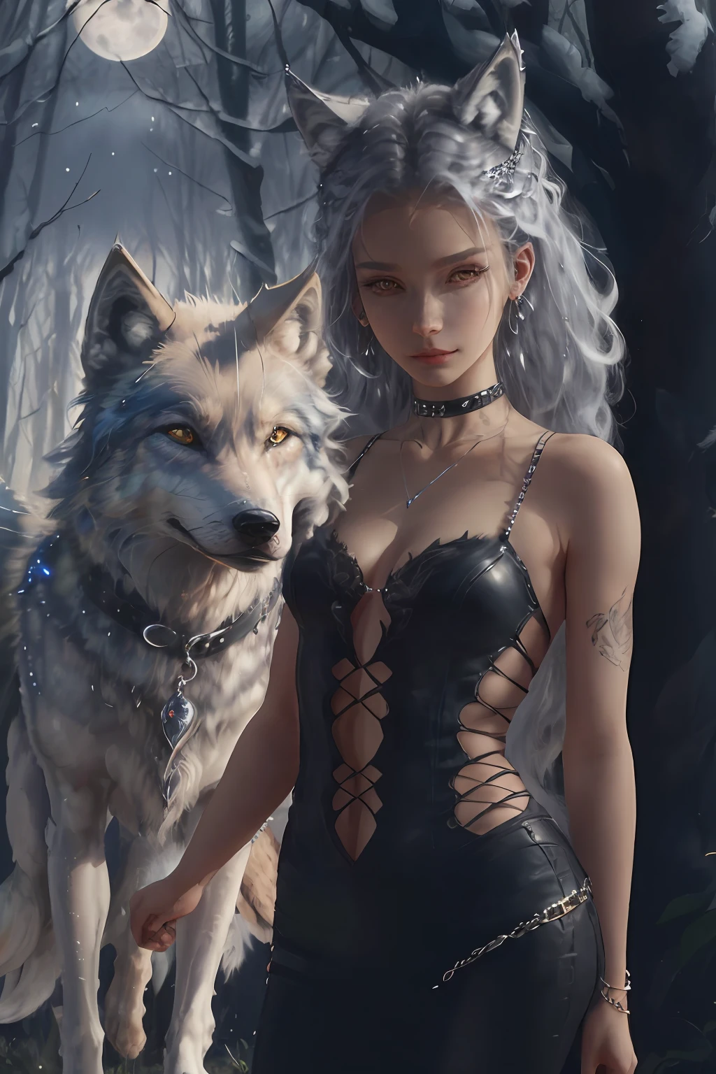 (absurdres, highres, ultra detailed), 1 male, adult, handsome, tall,, finely detailed eyes and detailed face, black leather pants, no shirt, open chest, night, smile, dutch angle, long white hair, (((wolf ears))), earrings in wolf ears, wolf white tail, moon, forest, black horns in his head, silver details, earrings, black chocker, gothic, dark, black simple dress, looking at the view, pale skin, yellow detailed eyes, eyeliner, dog collar, --auto