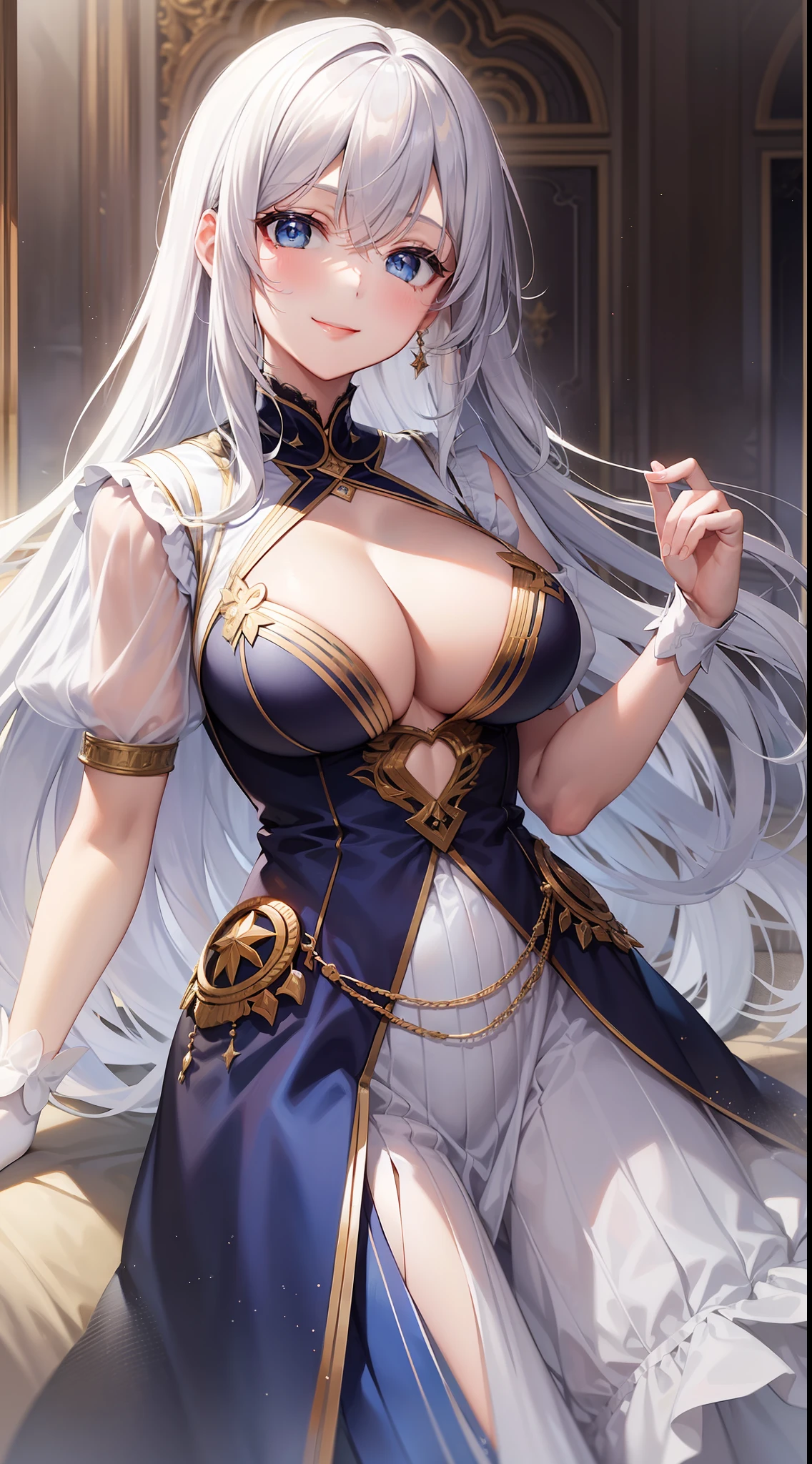 Adult girl, long white hair, blue eyes, beautiful dress, open chest, smile, masterpiece, high quality