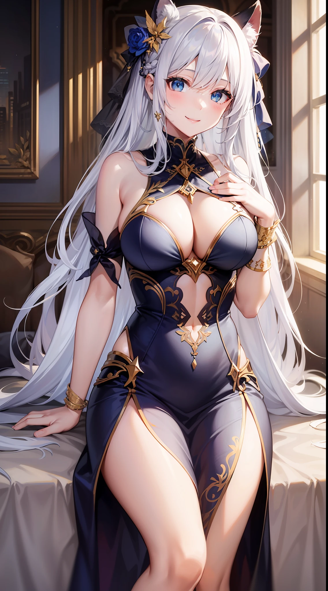 Adult girl, long white hair, blue eyes, beautiful dress, open chest, smile, masterpiece, high quality