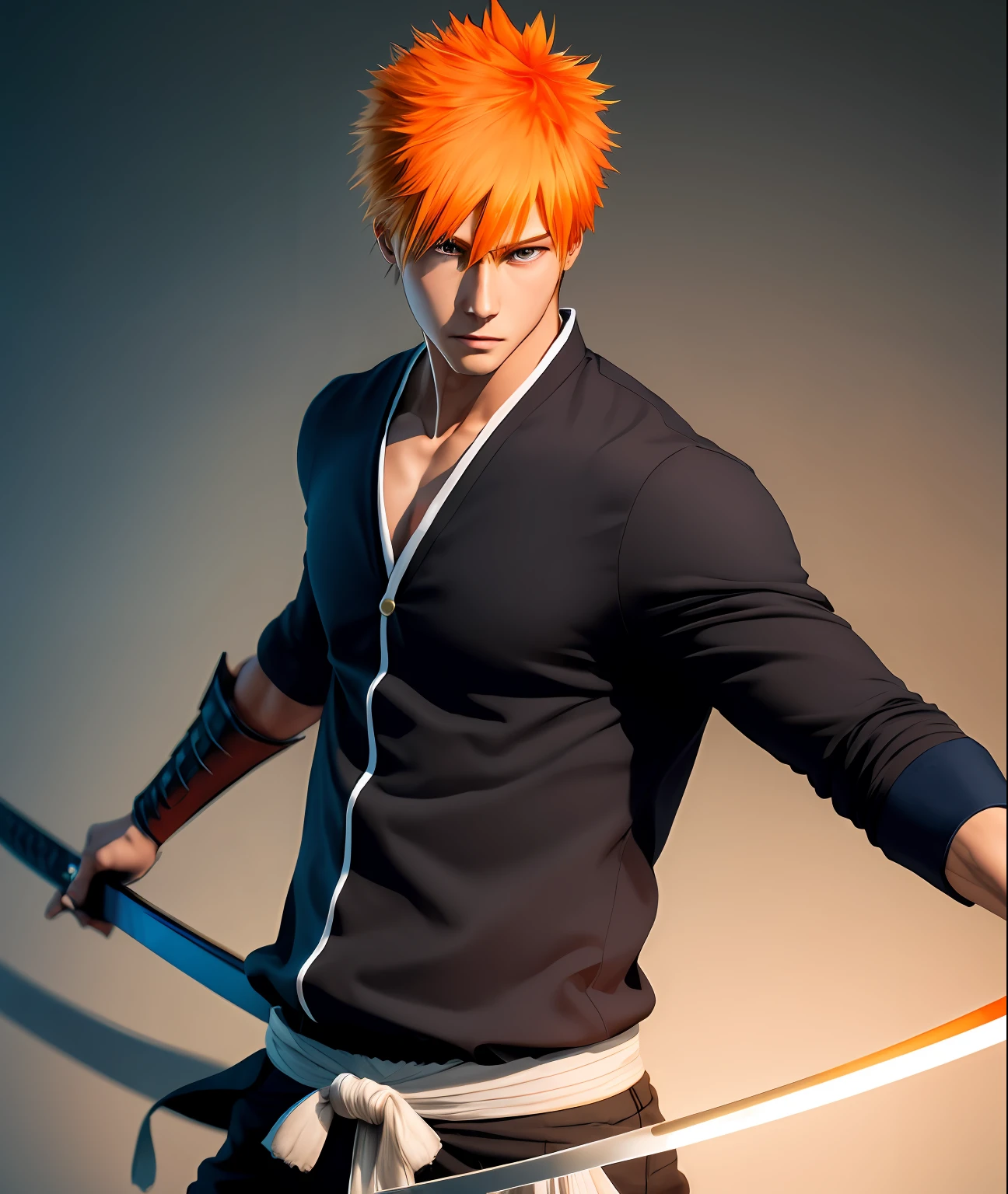 1boy, masterpiece, (photorealistic: 1.5), best quality, beautiful lighting, real life, bleach kurosaki ichigo, katana in hand, black clothes, orange hair color